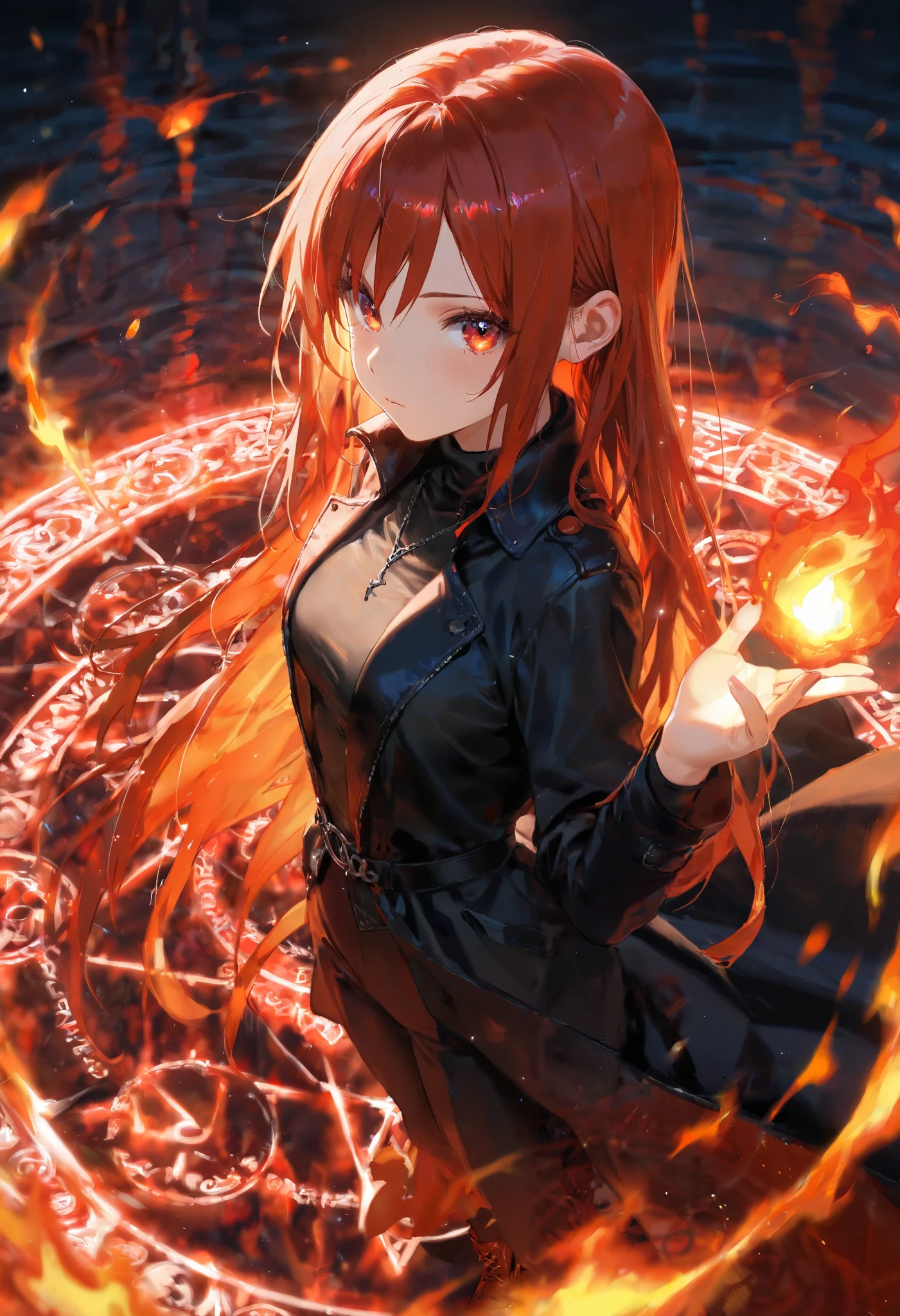 one girl with long red hair. wearing a long black coat and pants. very detailed and detailed magic circle in red. beautiful red eyes, and concentrates. The ground beneath feet glows a faint red and bubbles. flame particles, ground flames, Reflection, masterpiece, best quality, amazing quality, detailed background, intricate details, beautiful eyes, high quality Ray Tracing