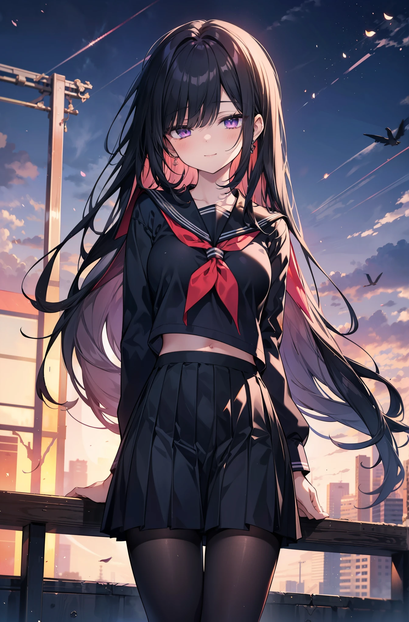 yuukikonno, Yuki Konno, hair band, long hair, pointed ears, purple hair,blush, embarrassing,(red eyes:1.5), (small breasts:1.2),high school girl uniform(purple sailor suit),Purple pleated skirt,white tights,brown loafers,rain,cloudy,umbrella,evening,
break looking at viewer, Upper body, full body,
break outdoors, In town,building street,
break (masterpiece:1.2), highest quality, High resolution, unity 8k wallpaper, (figure:0.8), (detailed and beautiful eyes:1.6), highly detailed face, perfect lighting, Very detailed CG, (perfect hands, perfect anatomy),
