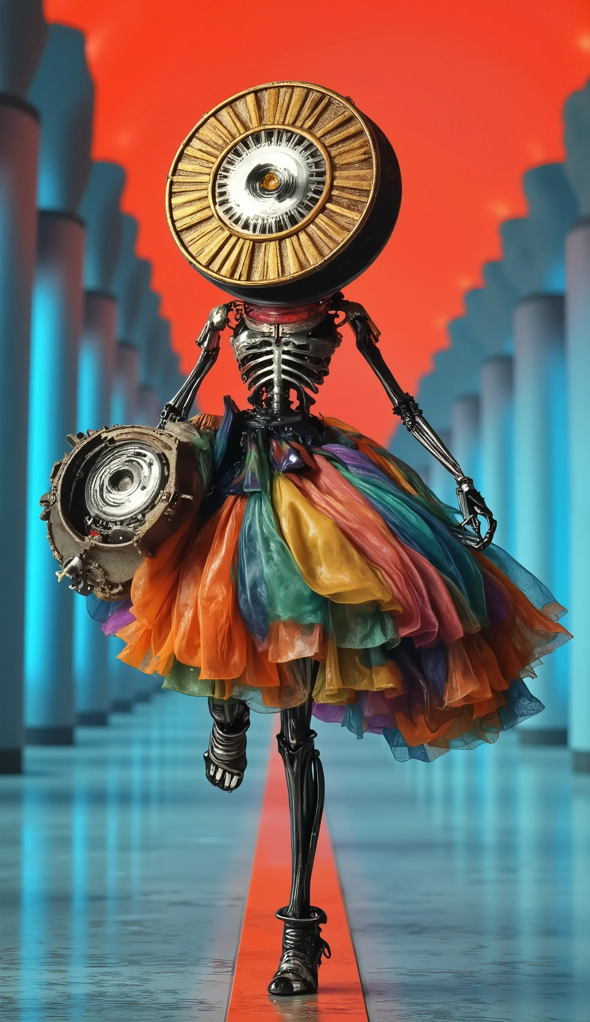An old coin that pulls flexibly between fingers, a mecha skeleton，dynamic，Happy Dance，Blue tone fashion show，Catwalk，,stunt,beautiful and realistic high-definition digital painting,Science Fiction，red focus background close-up,natural light,reflection,Smooth movement ,Extreme Details,4K High Resolution,Scaled processing,Professional-grade rendering, are brightly colored, high contrast ,l