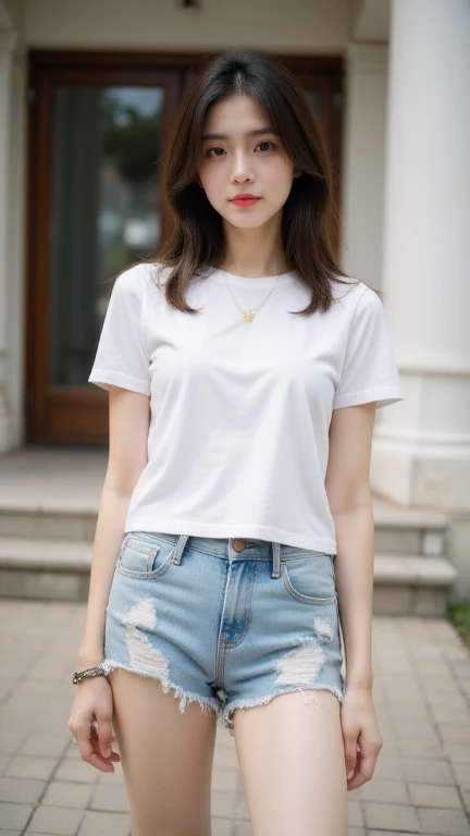 Children 11 years old、1 Beautiful girl、So cute、White shirt、denim shorts、細くて長い脚