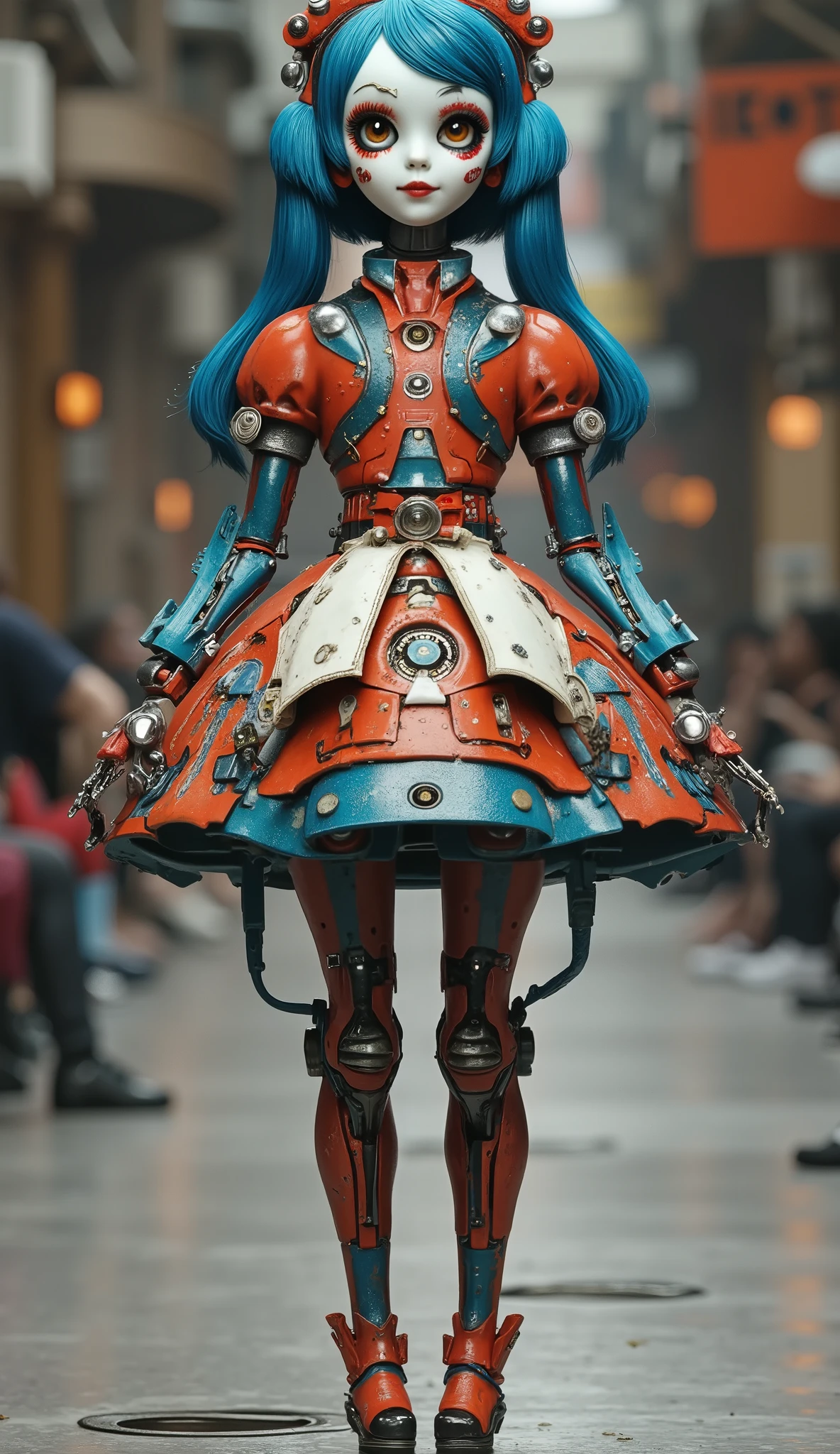 Happy Dancing Living Mecha Skeleton，dance。dynamic，开心dance，Blue Red Tone Fashion Show，Catwalk，,stunt,beautiful and realistic HD number，Code painting,Science Fiction，background：Strange and thrilling horror atmosphere on the catwalk ，,Focus on close-up,natural light,reflection,Smooth movement ,Extreme Details,4K High Resolution,Scaled processing,Professional-grade rendering, are brightly colored,