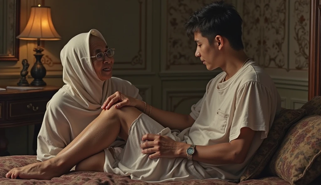 a beautiful Indonesian woman wearing a hijab, slim, 32 years old, wearing a robe with buttons open, bra visible, is massaging a 14 year old age boy on a bed, in a room with wooden plank walls, at night