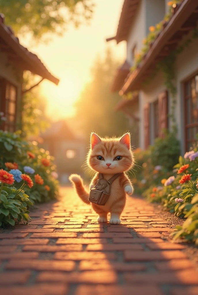A late afternoon setting with warm sunlight.
The cat walks down a small brick path with a cloth bag on its back.