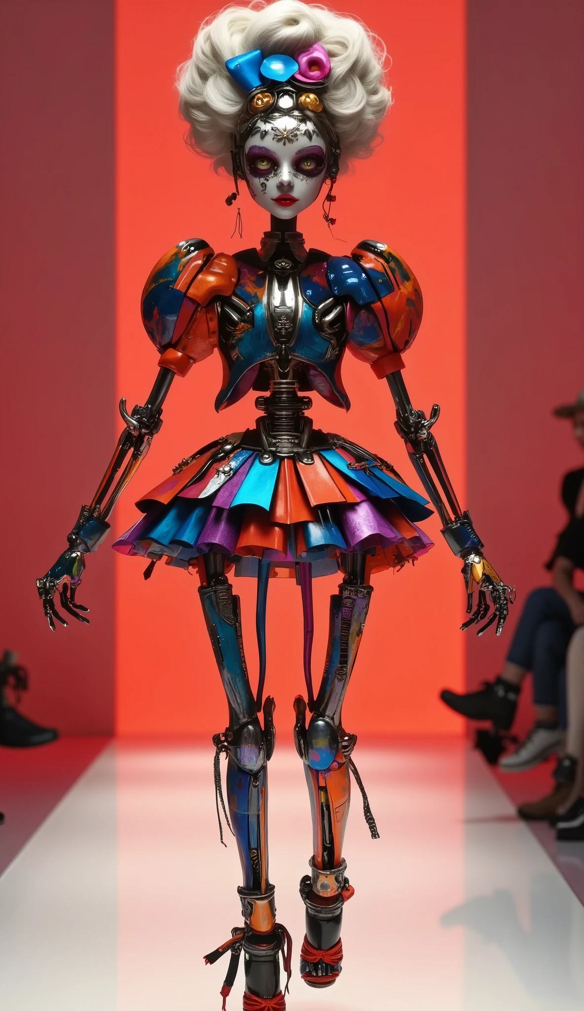 One Beating Mech Skeleton,dynamic,Happy Dance,Blue tone fashion show,Catwalk,,stunt,beautiful and realistic high-definition digital painting,Science Fiction,red focus background close-up,natural light,reflection,Smooth movement ,Extreme Details,4K High Resolution,Scaled processing,Professional-grade rendering, are brightly colored, high contrast ,l