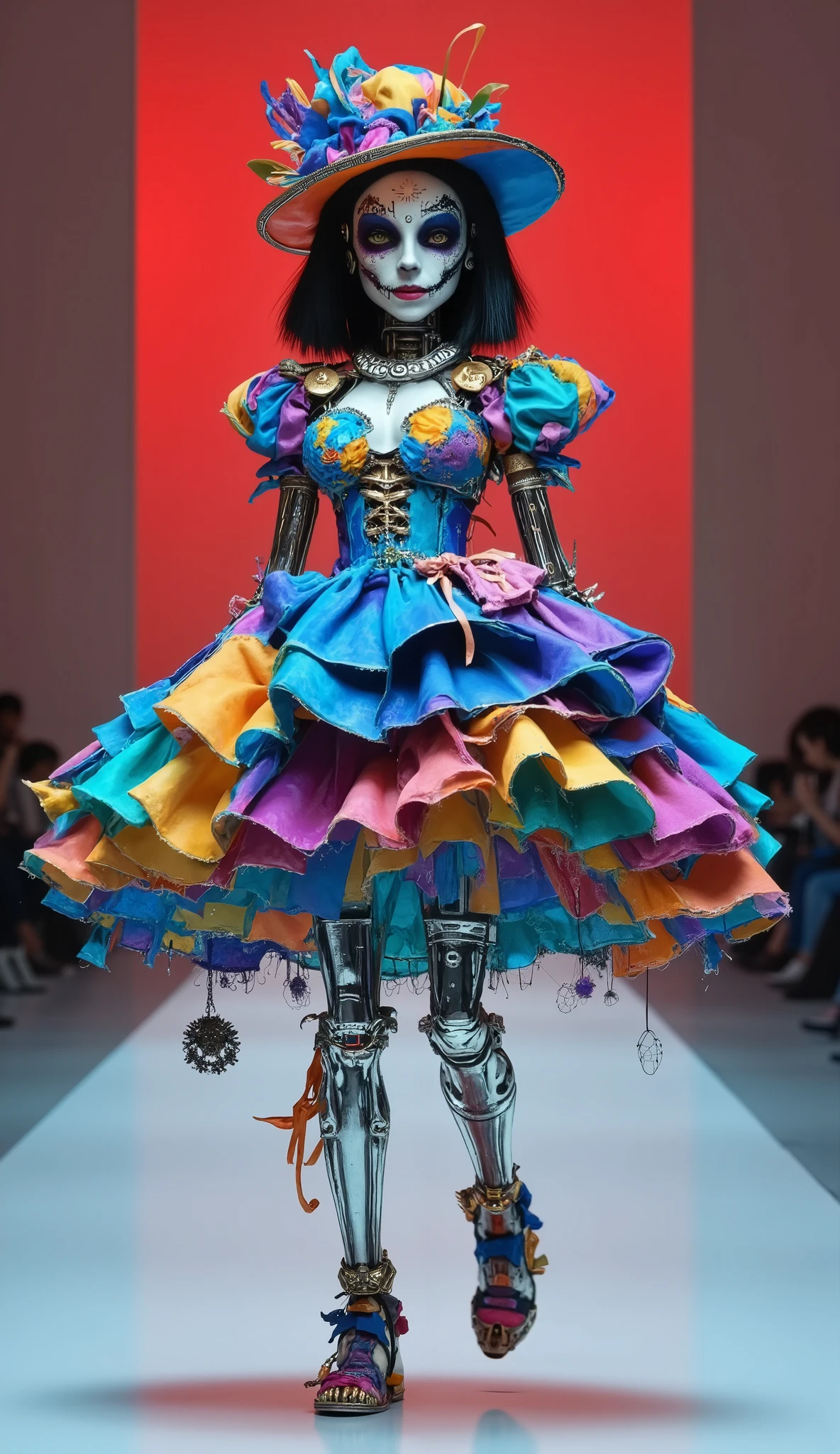 One Beating Mech Skeleton，dynamic，Happy Dance，Blue tone fashion show，Catwalk，,stunt,beautiful and realistic high-definition digital painting,Science Fiction，red focus background close-up,natural light,reflection,Smooth movement ,Extreme Details,4K High Resolution,Scaled processing,Professional-grade rendering, are brightly colored, high contrast ,l
