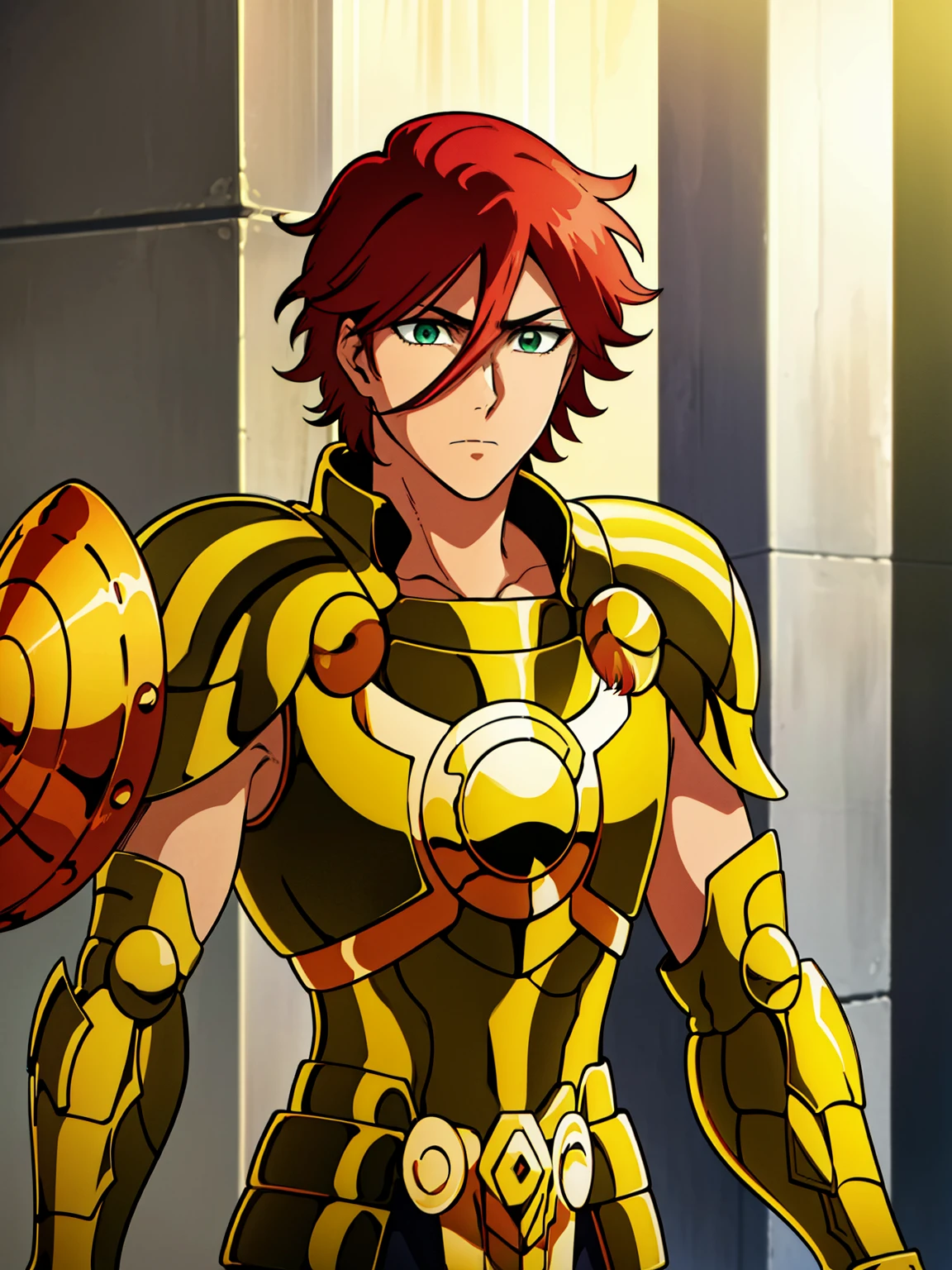 (high-quality, breathtaking),(expressive eyes, perfect face) 1boy, male, solo, red hair, short hair length, green eyes, positive expresion, greek background, portrait, symmetrical eyes, LibraArmor, aarmor, arm_shield, god_cloth, helmet narrow eyes, half open eyes, upper body,