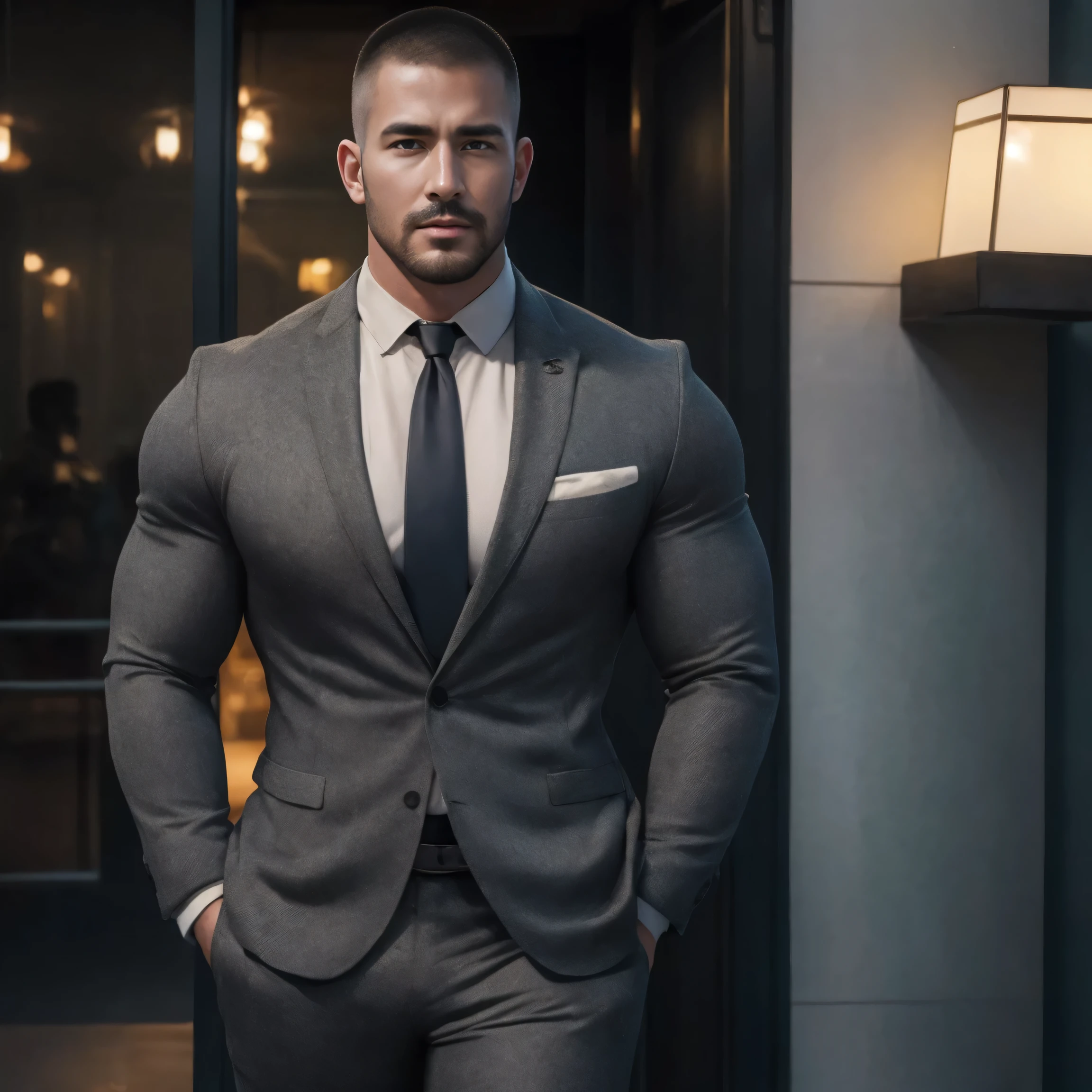 1个张嘴呻吟的 Muscular男人, buzz cut,Flat head,At the entrance of an upscale coffee shop, He wears a dark gray luxury evening dress blazer,Small network pattern texture,Pair it with a shirt and tie ,He groaned in an O shape with his mouth, Lift your chin, buzz cut, thick thighs , Very tight, Regular symmetrical pattern, High Aimslight muscles, High-end western pants , character concept (buzz cut Chris Redfield) proud expression, Deep charming eyes, Heroic male pose, tall Burly, Muscular! Muscular thighs, Tough Guy, Perfect facial features, High Aims, Burly, Heqiang, Super exquisite and cool, High Aims Resolution Committee, Extraordinary Charm , The sun is strong, is dazzling