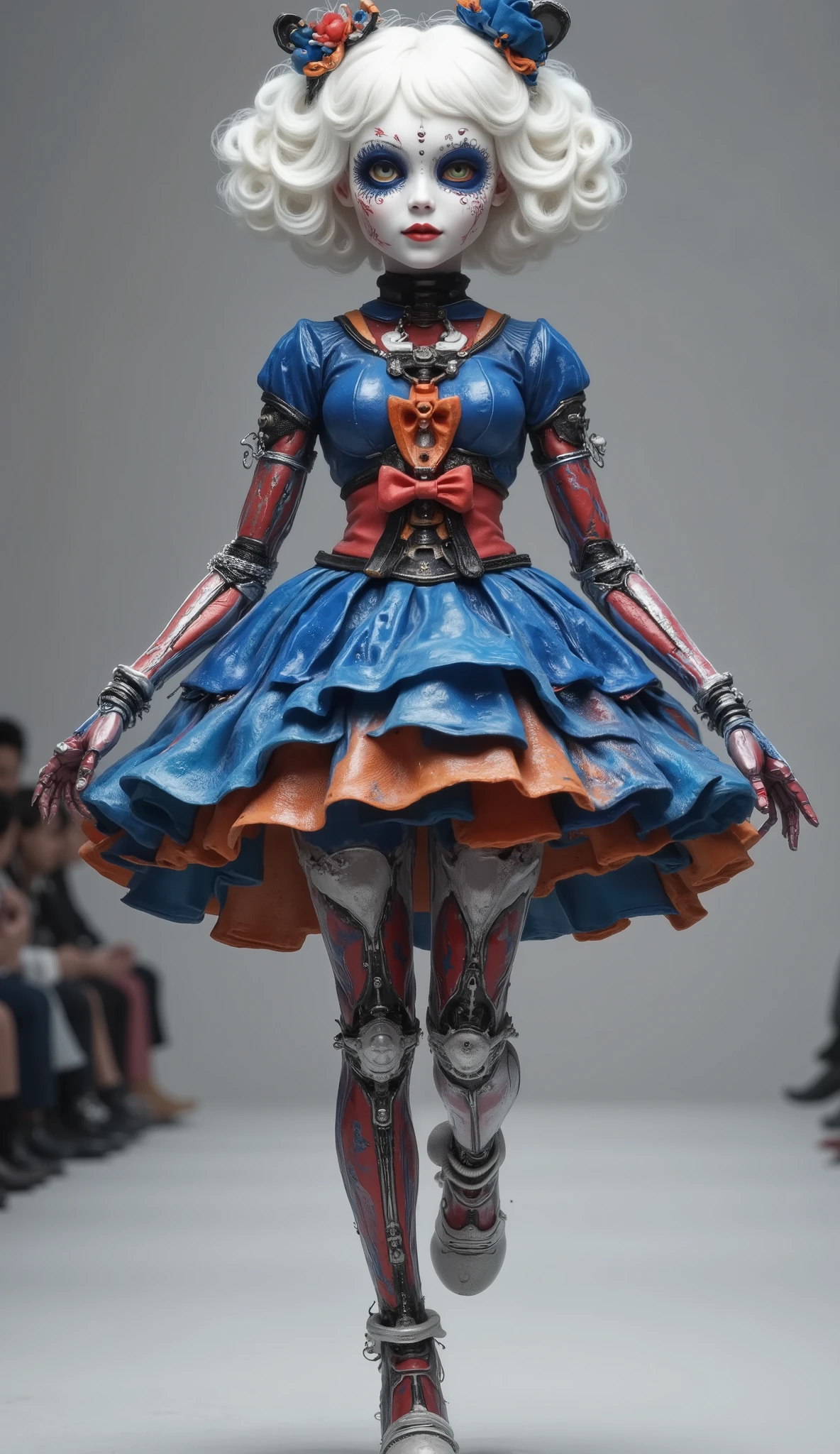 Happy Dancing Living Mecha Skeleton，dance。dynamic，开心dance，Blue Red Tone Fashion Show，Catwalk，,stunt,beautiful and realistic HD number，Code painting,Science Fiction，background：Strange and thrilling horror atmosphere on the catwalk ，,Focus on close-up,natural light,reflection,Smooth movement ,Extreme Details,4K High Resolution,Scaled processing,Professional-grade rendering, are brightly colored,