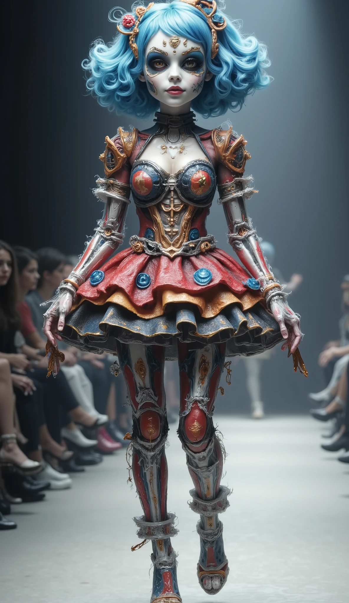 Happy Dancing Living Mecha Skeleton,dance。dynamic,开心dance,Blue Red Tone Fashion Show,Catwalk,,stunt,beautiful and realistic HD number,Code painting,Science Fiction,background:Strange and thrilling horror atmosphere on the catwalk ,,Focus on close-up,natural light,reflection,Smooth movement ,Extreme Details,4K High Resolution,Scaled processing,professional-grade rendering, are brightly colored,