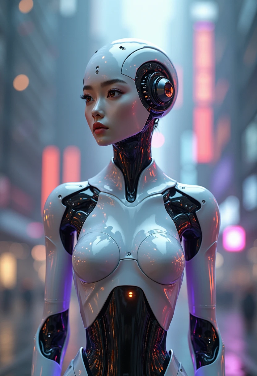 The story depicts an android in the future.Androids are like androids made from mannequins. The whole body is organic and white translucent. The head and face are just like a mannequin, with no emotion whatsoever. The translucent body emits a clear red neon light. Many beautiful mechanisms can be seen from the body. The android starts running dynamically. Night futuristic city background. Red and monochromatic background. Ultra high quality, ultra high resolution (Masterpiece, best quality, 16k:1.5). Ultra detail, Cinema lighting, ultra-fine painting, Professional photography,