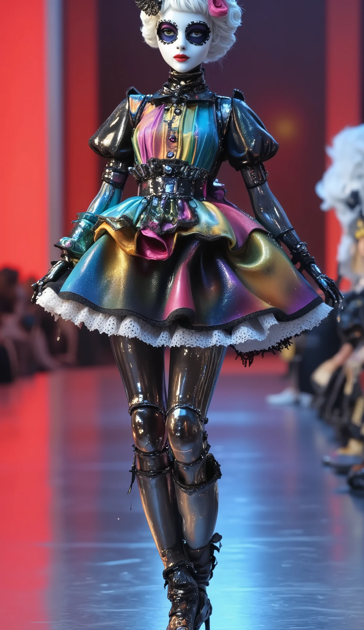 One Beating Mech Skeleton,dynamic,Happy Dance,Blue tone fashion show,Catwalk,,stunt,beautifully realistic high-definition digital painting,Science Fiction,red focus background close-up,natural light,reflection,Smooth movement ,Extreme Details,4K High Resolution,Scaled processing,professional-grade rendering, are brightly colored, high contrast ,l