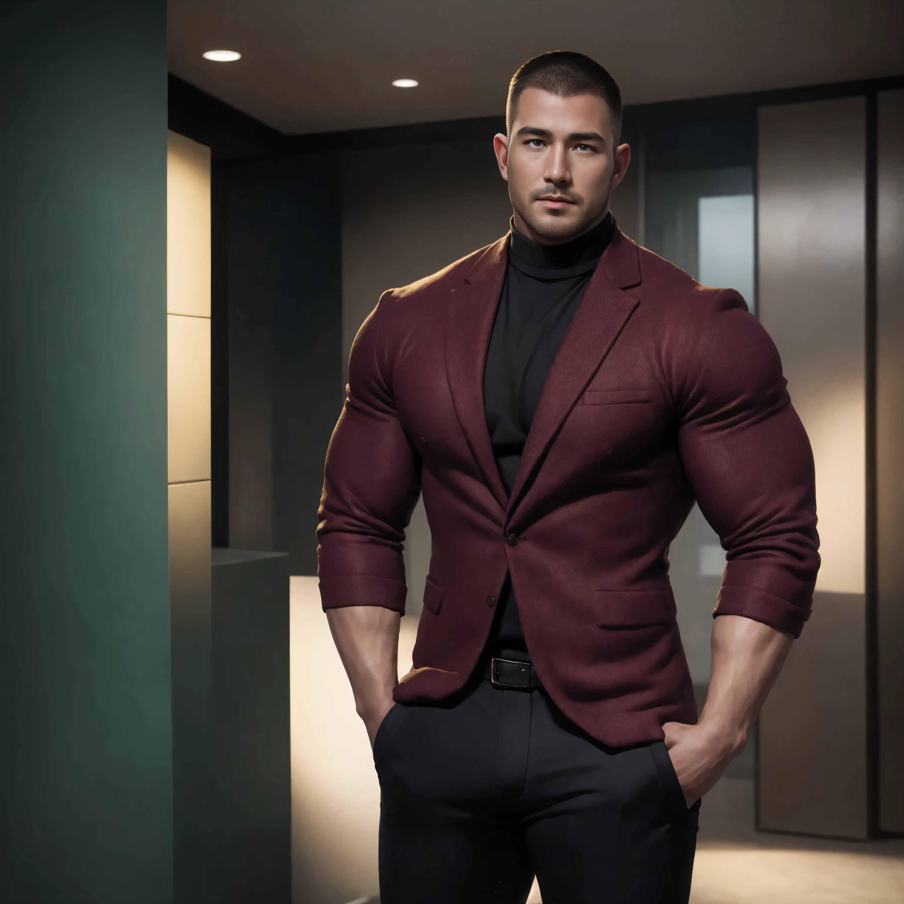 An award-winning original photo，A wild muscular man, (40 years old daddy:1.3), 1boy, Solo, (red suit), white dress shirt, blue trouser, black hair, (big shoulders), musculature, stubbles, Short beard, Beautiful eyes:1.3, ), (Detailed face:1.3), wearing glasses, smoldering face, elegant pose, Dynamic Angle, bright lighting, (Best quality, A high resolution, Photorealistic), Cinematic lighting, Masterpiece, RAW photo, Intricate details, hdr, depth of field, full body shot, from below, (a photoshoot), (white blank background)