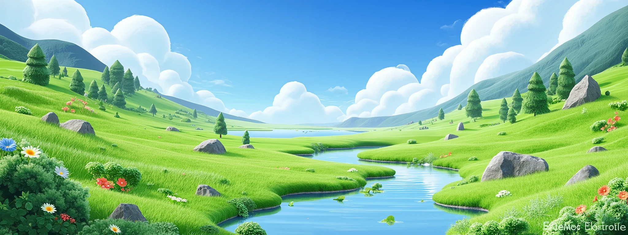 Serene natural scene with green meadow, small rocks and shrubs, peaceful river reflecting the sky, colorful flowers scattered across the grass, clear and sunny weather