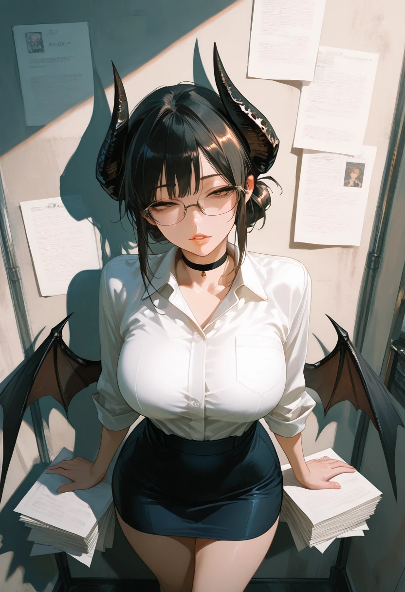 Masterpiece, source_hentai, top quality, amazing quality, very aesthetic, high resolution, super detailed, lighting, colorful, absurd, latest,
1 Girl, Beautiful Secretary, Expressive Eyes, Upper Body, Detailed Face, Beautiful Face, Long Black Hair Tied Back in a Bun, Brown Eyes, Half Closed Eyes, Looking at viewer, Moist lips, Parted Lips, Large Breasts, Tight Waist, Wide Ass and Thighs, Business Suit and White Shirt, Tight miniskirt, choker, wearing glasses, standing in front of wall holding stack of papers, her shadow on wall behind her,  
Dynamic lighting, Cinematic lighting, Simple background, view from above, 
(Large Digital Artwork), (Detail Cartoon Illustration), (Detail Line Drawing), (( Perfect Anatomy)), (Complex Detail:1.3), (Super Detail:1.3), ( Illustration:1.3), ( focus on her shadow, her shadow has devil horns and bat wings:1.3), ( Natural Light:1.05),  