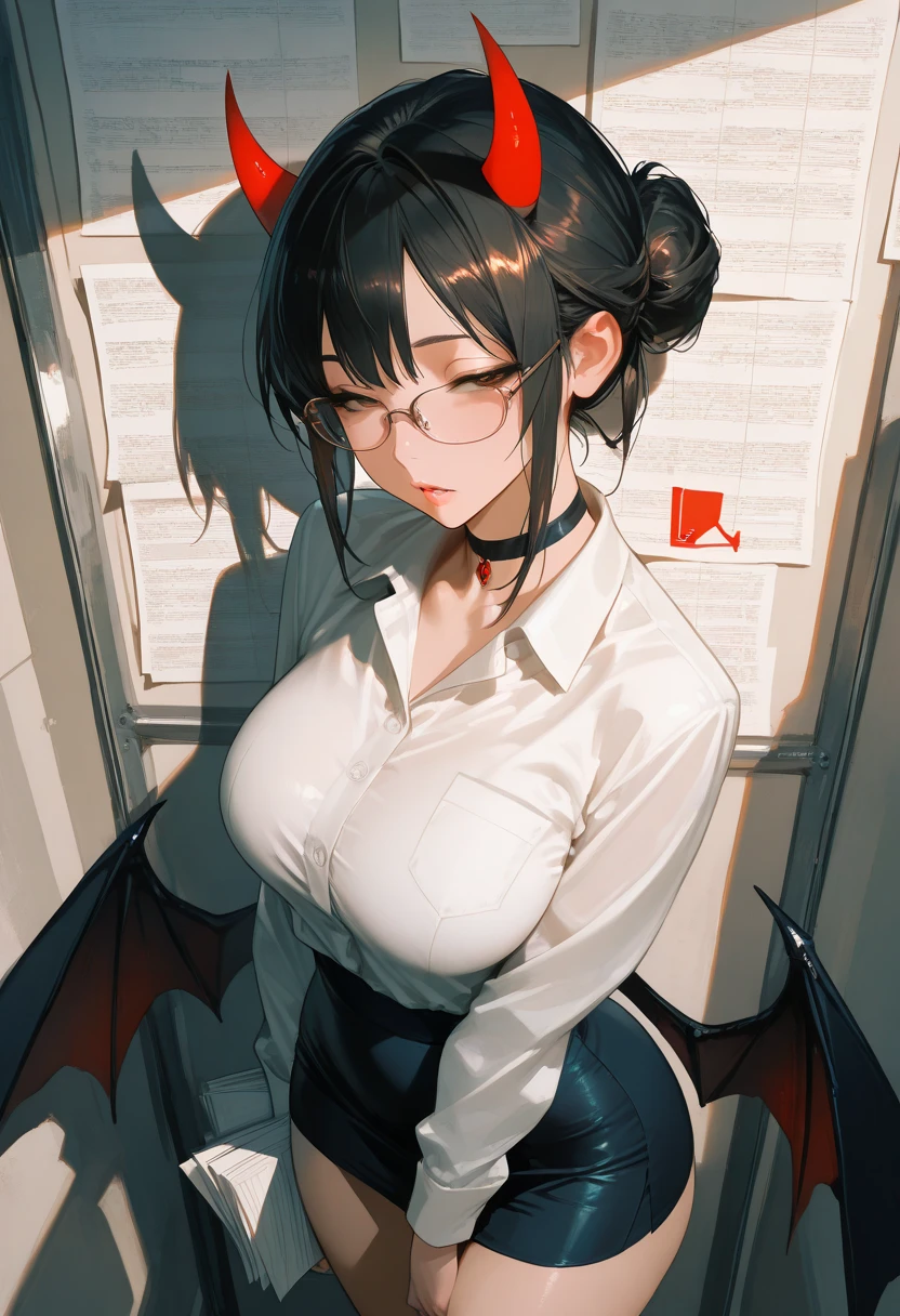Masterpiece, source_hentai, top quality, amazing quality, very aesthetic, high resolution, super detailed, lighting, colorful, absurd, latest,
1 Girl, Beautiful Secretary, Expressive Eyes, Upper Body, Detailed Face, Beautiful Face, Long Black Hair Tied Back in a Bun, Brown Eyes, Half Closed Eyes, Looking at viewer, Moist lips, Parted Lips, Large Breasts, Tight Waist, Wide Ass and Thighs, Business Suit and White Shirt, Tight miniskirt, choker, wearing glasses, standing in front of wall holding stack of papers, her shadow on wall behind her,  
Dynamic lighting, Cinematic lighting, Simple background, view from above, 
(Large Digital Artwork), (Detail Cartoon Illustration), (Detail Line Drawing), (( Perfect Anatomy)), (Complex Detail:1.3), (Super Detail:1.3), ( Illustration:1.3), ( focus on her shadow, her shadow has devil horns and bat wings:1.3), ( Natural Light:1.05),  