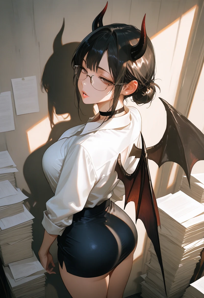 Masterpiece, source_hentai, top quality, amazing quality, very aesthetic, high resolution, super detailed, lighting, colorful, absurd, latest,
1 Girl, Beautiful Secretary, Expressive Eyes, Upper Body, Detailed Face, Beautiful Face, Long Black Hair Tied Back in a Bun, Brown Eyes, Half Closed Eyes, Looking at viewer, Moist lips, Parted Lips, Large Breasts, Tight Waist, Wide Ass and Thighs, Business Suit and White Shirt, Tight miniskirt, choker, wearing glasses, standing in front of wall holding stack of papers, her shadow on wall behind her,  
Dynamic lighting, Cinematic lighting, Simple background, view from above, 
(Large Digital Artwork), (Detail Cartoon Illustration), (Detail Line Drawing), (( Perfect Anatomy)), (Complex Detail:1.3), (Super Detail:1.3), ( Illustration:1.3), ( focus on her shadow, her shadow has devil horns and bat wings:1.3), ( Natural Light:1.05),  