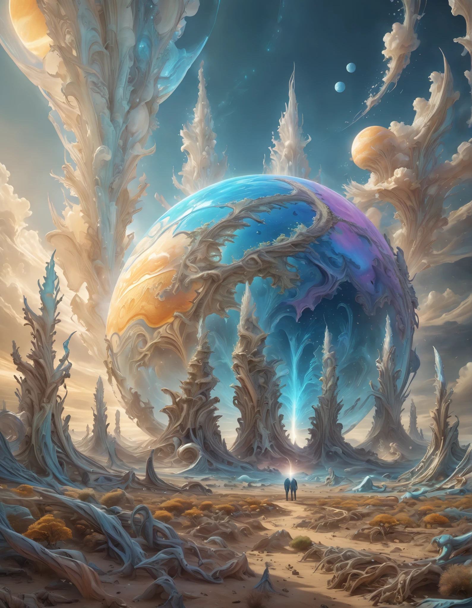 realistic large format photos in RAW format , Imagining Alien Scenery , if there was a soft planet made of transparent photosensitive gel in the distance , You can see shade , softgel plains and hills , strange alien trees and shrubs in the shape of a soft gel are growing, Alien crystal glasses grow in gel vacant lots 、 until now unknown alien soft flowers bloom , The sky on this planet is extremely bright blue 、 The Sun is bright blue , light blue solar glare 、 gel appears on plants and landscape elements , ray tracing, beautiful views of fascinating alien landscapes , high texture smoothing , high-resolution objects , 32K, hyper details, surreal sci-fi style , DAZZ 3D, realistic brushwork , Unreal Engine 5, ultra-realistic detail , amazingly realistic graphics , Extremely Detailed Photos, hyper-delineation , Hyper Sharpness , hypersensitivity