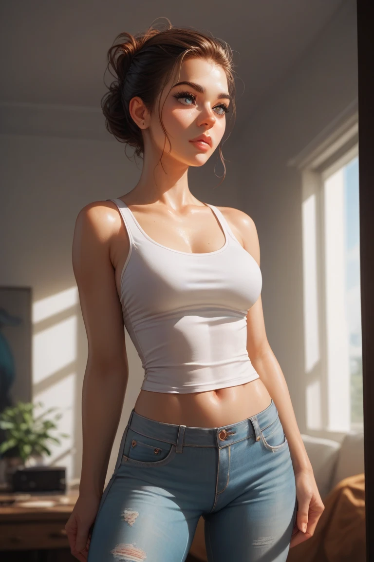 (((ultra realistic, ultra detailed, The best quality, 8k, HDR))), ((flat woman, bloomers)), room
