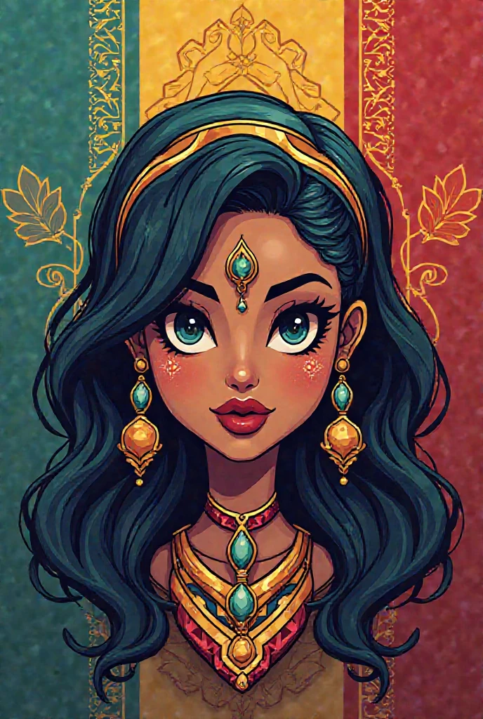 A logo with a classy Indian traditional girl with swag, she has neck length hairs, kinds curly, a fears persona, she wears black clothes with colourful embroidery over it