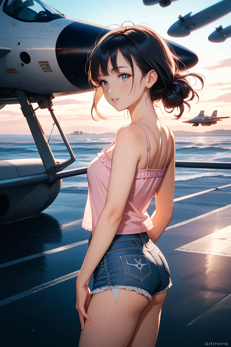 (Shoot from below:1.5), Rear Angle, (From below :1.4), (Crotch focus:1.2), (low angles:1.2), BREAK, top-quality, ​masterpiece, Photonic style, high-detail, 16k picture quality, beautiful a girl, Turn around and look at the camera, Depicts the whole body, Standing backwards, plump big breasts, Constricted waist, white short sleeves T-shirt, Sheer , Denim shorts, Navel Ejection, Crimson sky, Madder clouds, Dazzling sunset light, suns, Orange Sea, sand beach, Splash,