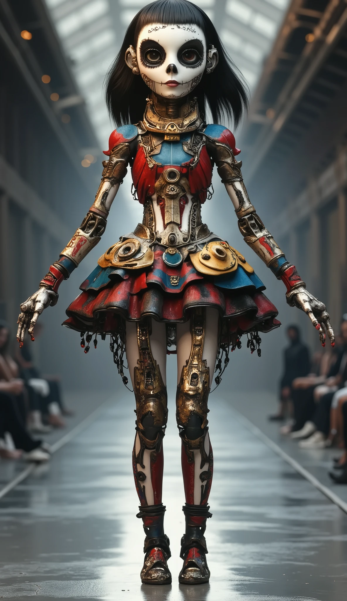 Happy Dancing Living Mecha Skeleton,dance dynamic,Live beating mecha skeleton dancing happily in a poss,Happy Dance,Blue Red Tone Fashion Show,Catwalk,body spray art,Stunt,beautifully realistic high-definition digital painting,Science Fiction,background:Strange and thrilling horror atmosphere on the catwalk ,,spotlight,Focus on close-up,natural light,reflection,Smooth movement ,Extreme Details,4K High Resolution,Scaled processing,professional-grade rendering, are brightly colored,