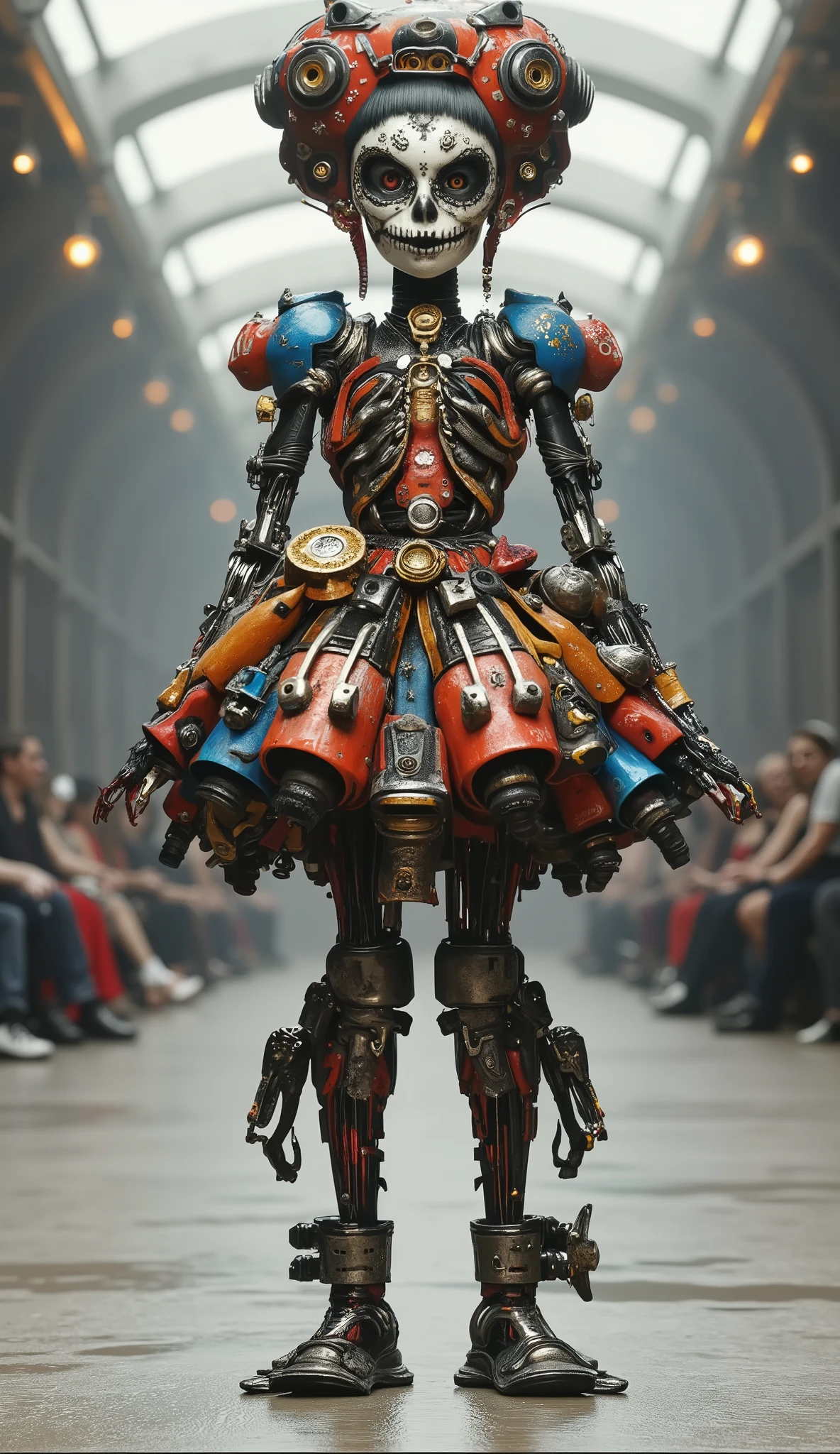 Happy Dancing Living Mecha Skeleton，dance dynamic，Live beating mecha skeleton dancing happily in a poss，Happy Dance，blue red fashion show，Catwalk，body spray art,stunt,beautifully realistic high-definition digital painting,Science Fiction，background：Strange and thrilling horror atmosphere on the catwalk ，,spotlight，Focus on close-up,natural light,reflection,Smooth movement ,Extreme Details,4K High Resolution,Scaled processing,professional-grade rendering, are brightly colored,