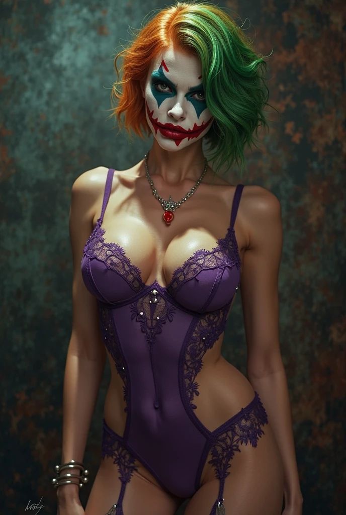 a female clown who has features of the Joker with unique makeup, purple hair, a scar on his face, a wider smile, looks scarier and has a red nose, nude