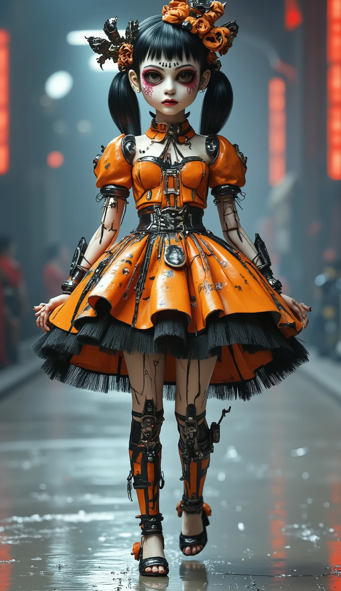 Live dancing mecha model girl having fun，Angel Face， devil figure，dance dynamic，Live beating mecha skeleton dancing happily in a poss，Happy Dance，blue red fashion show，Catwalk，body spray art,stunt,beautifully realistic high-definition digital painting,Science Fiction，background：Strange and thrilling horror atmosphere on the catwalk ，,spotlight，Focus on close-up,natural light,reflection,Smooth movement ,Extreme Details,4K High Resolution,Scaled processing,professional-grade rendering, are brightly colored,