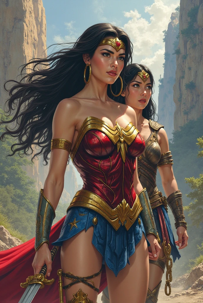 (masterpiece, top quality, best quality, official art, beautiful and aesthetic:1.2), (1girl:1.3), dark brown hair in a huge ponytail, extremely detailed, portrait, looking at viewer, solo, (full body:0.6), detailed background, close up, (hot summer coliseum theme:1.1), human gladiatrix, charlatan, mysterious, walking in forest, revealing bronze gladiator armor, spear and shield, metal bikini, topless, tits out, brown leather, cowl, cloak, bracers, armor, gauntlets, helmet, facemask, long boots, buckles, straps, light grey fabric, brown leather, gigantic breasts, cleavage, skindentation, slim waist, slim hips, long legs, medieval (coliseum arena exterior:1.1) background, dark mysterious lighting, shadows, magical atmosphere, dutch angle,