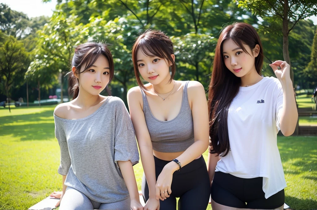 3 mature women, gigantic breasts, microskirt, cropped tops, underboob, fullbody shot, sitting on bench, leg apart, front view from below