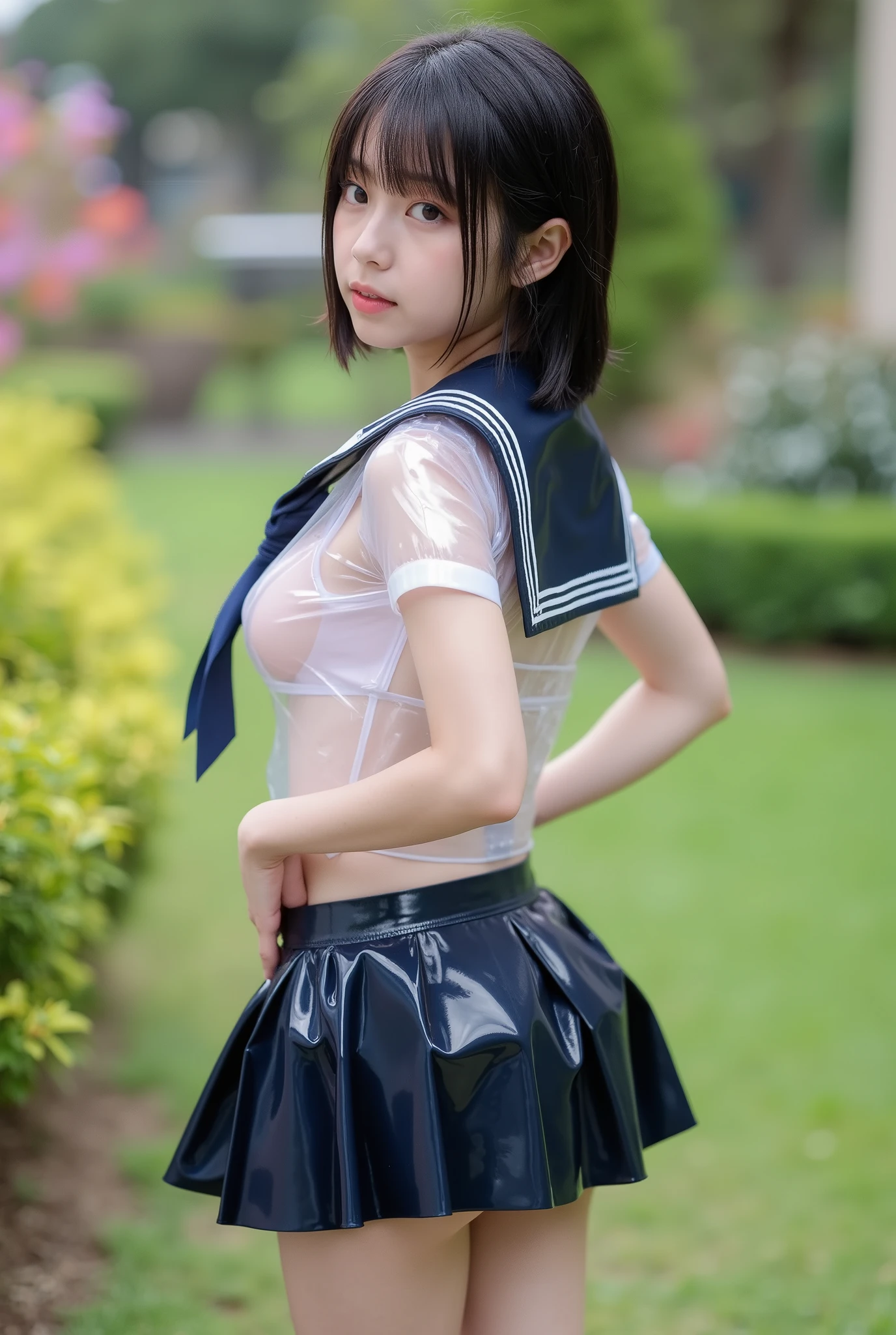 Score_9,Score_8_climb,Score_7_climb,Source_TRUE, Rating _ safe ,high-res photo,8k,TRUEistic,photo-TRUEistic, great work,Amazing Quality, Swimwear, complex detail, Sharp Focus ,1 girl ,(japanese School girl in transparent latex sailor uniform transparent latex skert,Well good), at flower garden.full body view from the side of 45 degrees.