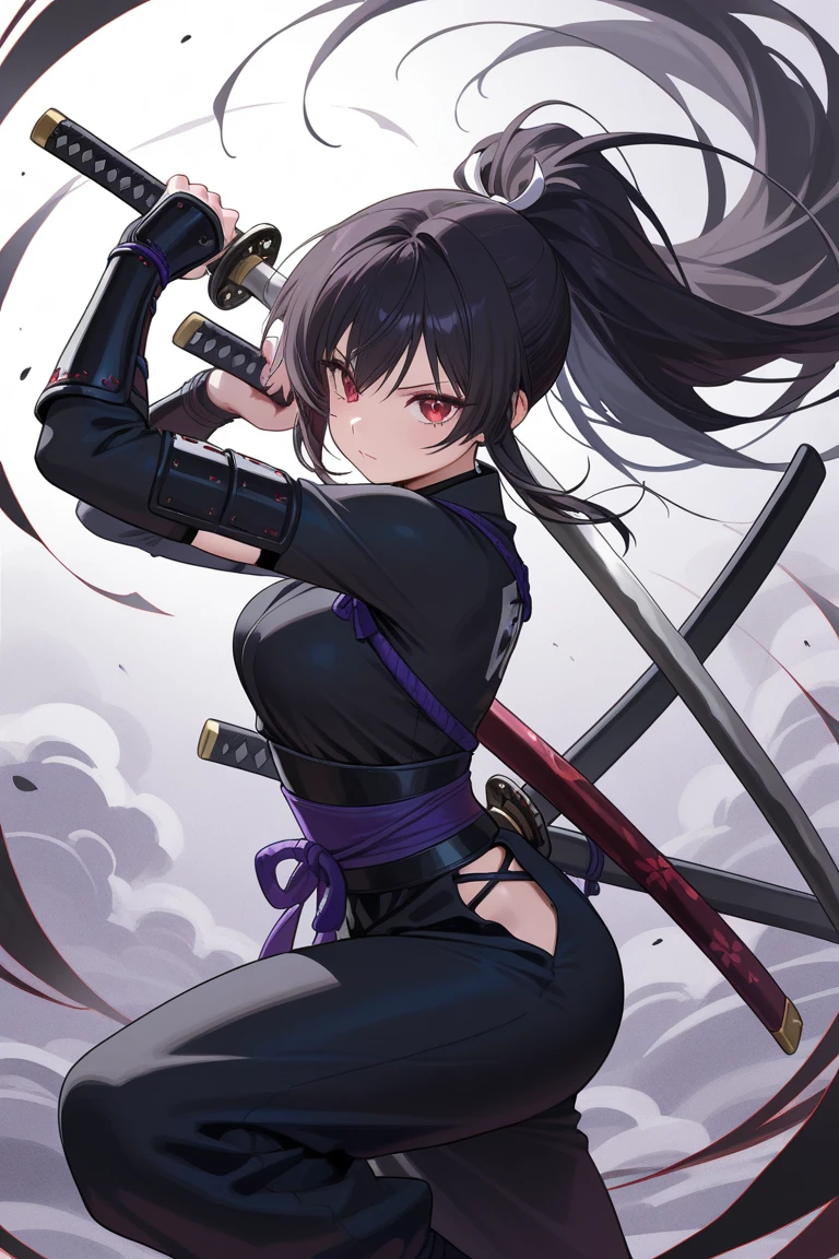 estilo anime, best possible quality, muito detalhes, jovem adulto sexy mulheres ninjas, Tinny, ethnic random, random hair color, vestido preto com decote, mostrar parte dos peitos, botas ninja, faixas, armas ninja randon katana shurikens nunchaco, antiga vila feudal .