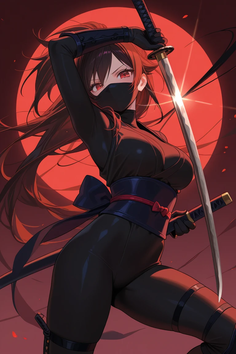 girl with red eyes, long black hair with red tips, bunnygirl, black bunny ears, reddish black mask, big , big ass, big thighs, holding purple scythe