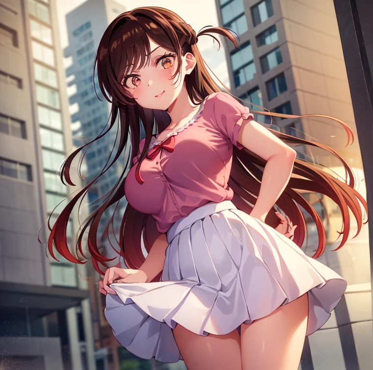 1 girl, alone, chizuru mizuhara, (masterpiece, best quality), ultra detailed, sharp focus, detailed background, detailed eyes, dynamic pose, cowboy shot, curvy body, perfect fingers, looking at viewer, brown hair, long hair , bangs, one side up, braid, brown eyes, ((light pink sweater dress, ribbed sweater, bare back, bare arms, collarbone, bare legs, pink shoes)), large breasts, narrow waist, wide hips, medium thighs , round butt,((only)),((standing,outdoors,cityscape,urban background, buildings, street, adjust hair, wind, hair in the wind)) , looking back , from behind,(( focus on ass)), pov: (from below), perfect anatomy, perfect hands