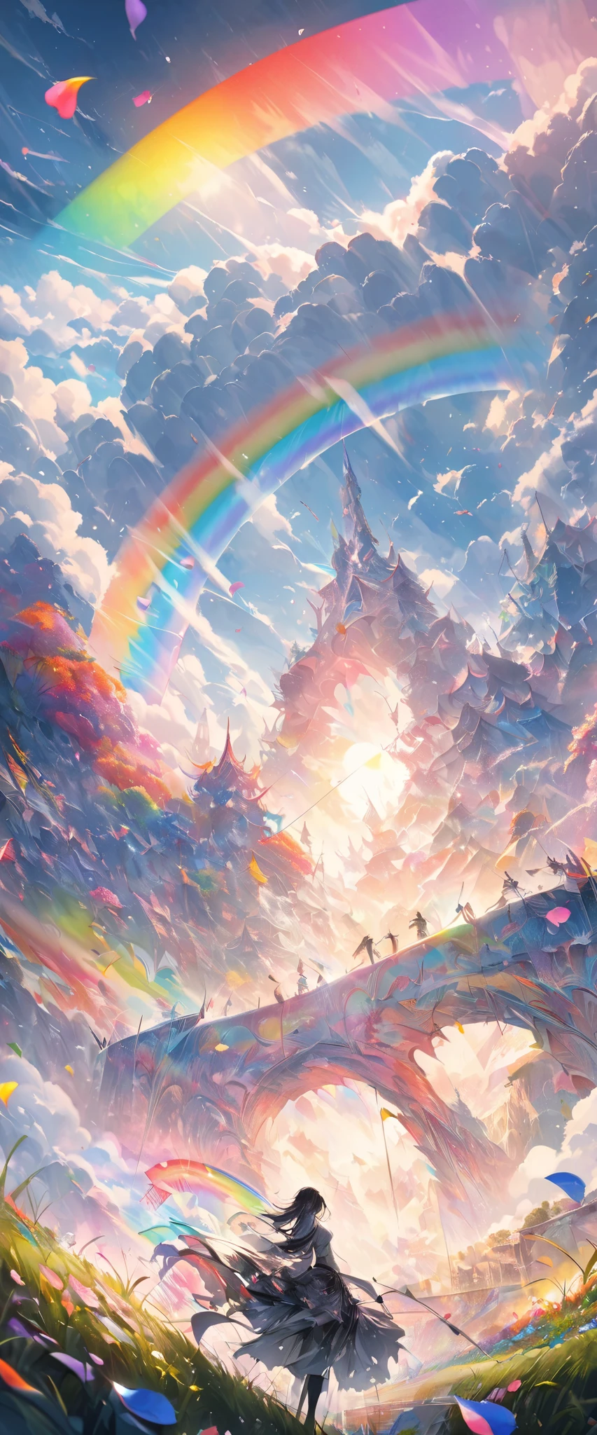 Feather，wing，  Fusion of Oil Painting and Watercolor  , A fusion of paper cutting and shadow puppetry,  Monochrome artwork all over , Highest quality, Ultra-fine, 16k, extremely ridiculous , very well detailed, delicate and dynamic,  A mysterious giant art structure made of chrome frames and glass,  after the rain, Sun shines through the clouds,  Glass reflects rainbow colors、Displays a timer analyzer with many rainbow colored petals falling , Many rainbow colored petals are falling, Grass is shrouded in mist , create amazing image effects