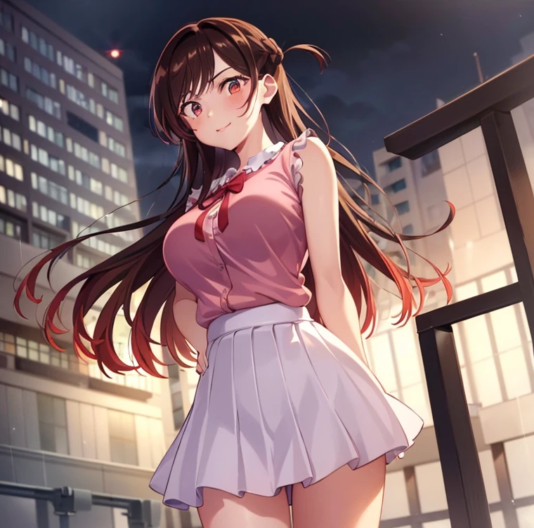 ((1girl)),((alone)), Sumi sakurasawa,(masterpiece), (best quality), (ultra detailed), (best illustration), (best shadow), (absurdities), sharp focus, cowboy shot , dynamic posture looking at the viewer, small breasts, narrow waist, wide hips, wide thighs, round butt, erotic, romantic, (very detailed eyes, lips 1.1), very detailed eyes, eyes, Very detailed face, Very pretty face, height full, beautiful slender figure, femininity, expressive appearance, elastic small breasts, increased sexuality, long hair, reddish-pink hair, red eyes, simple braid, hair bow, smile, white shirt: 1.3, off-the-shoulder shirt: 1.3, bare arms, bare, floral print:1.3, long sleeves, red pleated skirt:1.3, short skirt:1.3, bare legs:1.3, collarbone:1.3, white socks, red sneakers:1.3, defined body, perfect and beautiful body, perfect and beautiful, closed mouth, calm expression, blush, (sexy pose: 1.2), ((solo)), standing: 1.3, outdoor, cityscape, streets, city, day, clouds, looking forward, ((focus on breasts), point of view: (from below), red blush, perfect anatomy, perfect hands,