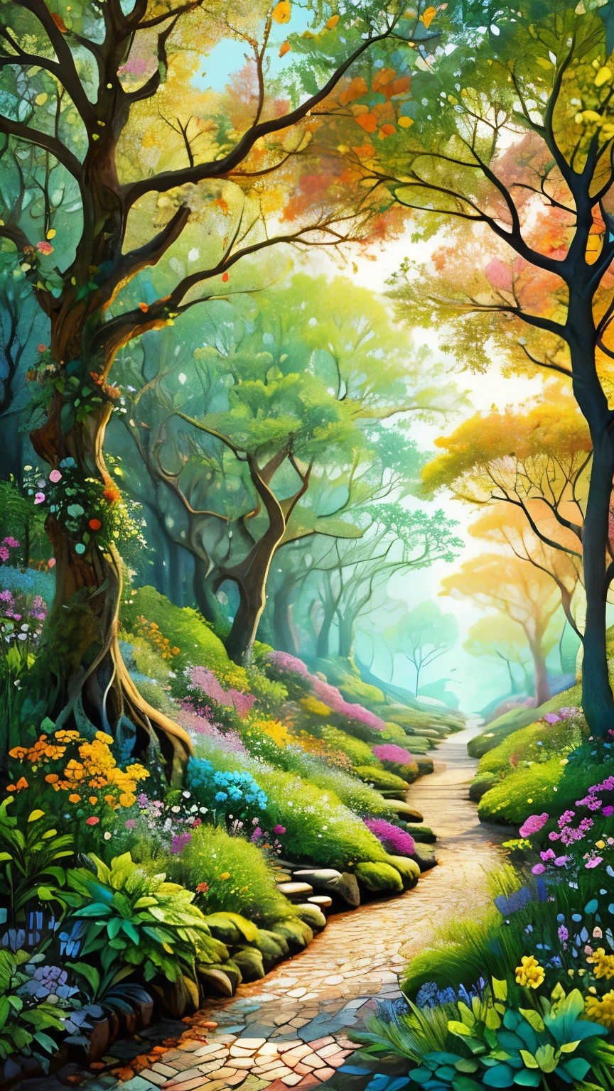 Flowers and leaves、wood、Precious stones, Rococo,rest, A Modern and Mysterious Encounter, bright color, complicated details. very well detailed,  intricate motifs,  Organic Tracers , perfect configuration,  plated scale {x} digital painting , Art Station, Concept Art,  smooth,, shape,  T masterpiece, Highest quality,  Award winning , high resolution,  Landscape,Contemporary art made from plants and ancient rest,beautiful、and fantastic 