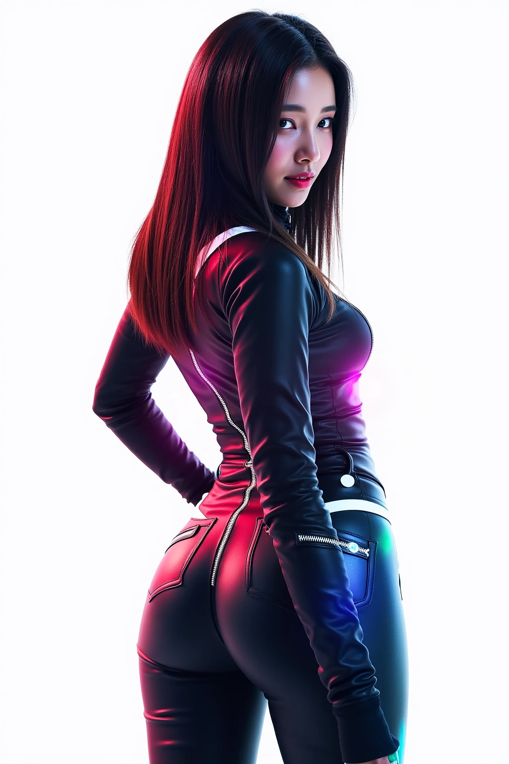 a futuristic female warrior holding a katana, (finely detailed skin), pale skin, (in a deep neckline highly detailed sexy futuristic cyberpunk black crop top and underpants made of circuit boards, japanese words with a flare effect, beautiful epic composition, futuristic, masterpiece, appealing, posing for a photo, back view