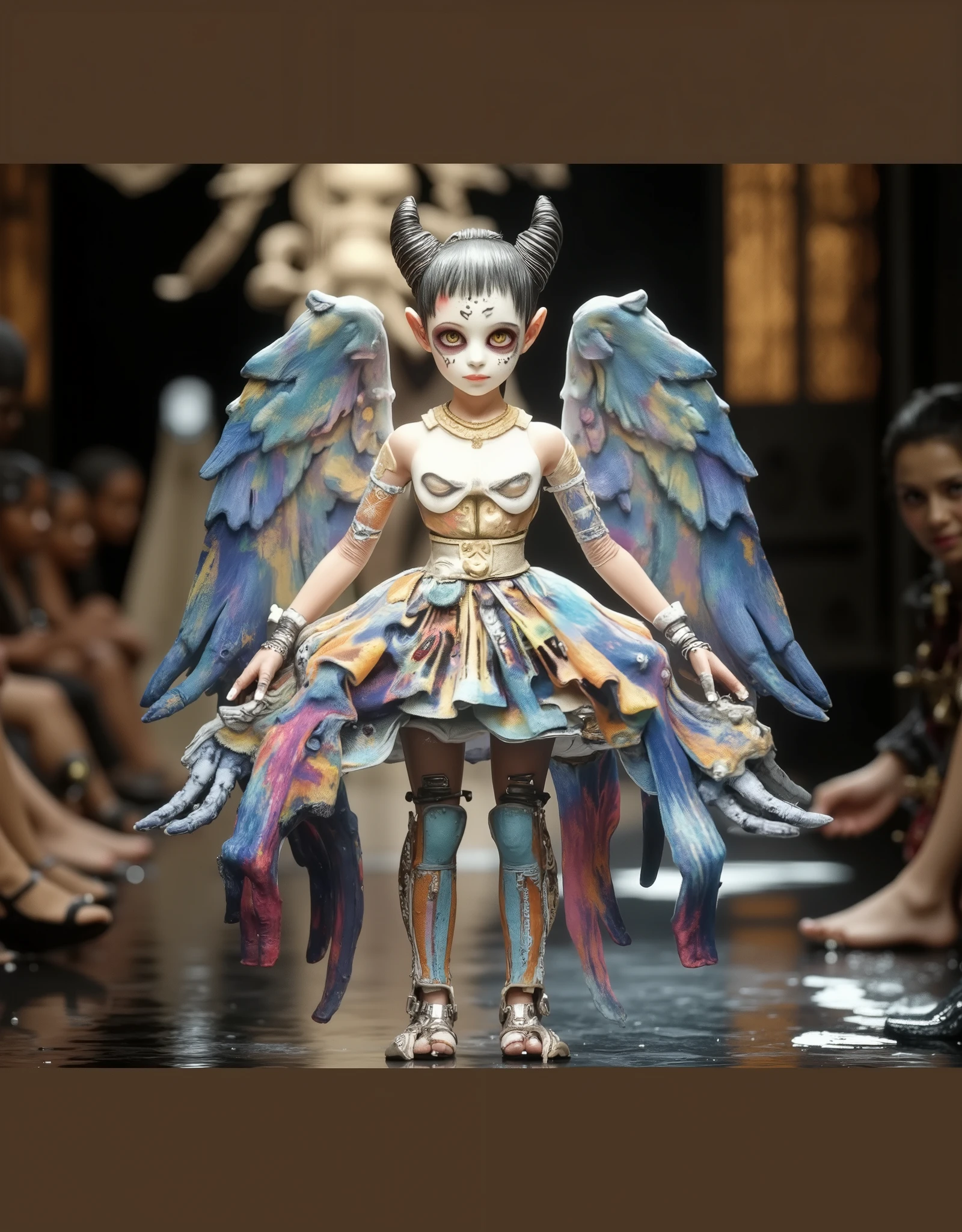 Live dancing mecha model having fun,Angel Face, devil figure,dance dynamic,Live beating mecha skeleton dancing happily in a poss,Happy Dance,blue red fashion show,Catwalk,body spray art,Stunt,beautifully realistic high-definition digital painting,Science Fiction,background:Strange and thrilling horror atmosphere on the catwalk ,,spotlight,Focus on close-up,natural light,reflection,Smooth movement ,Extreme Details,4K High Resolution,Scaled processing,professional-grade rendering, are brightly colored,
