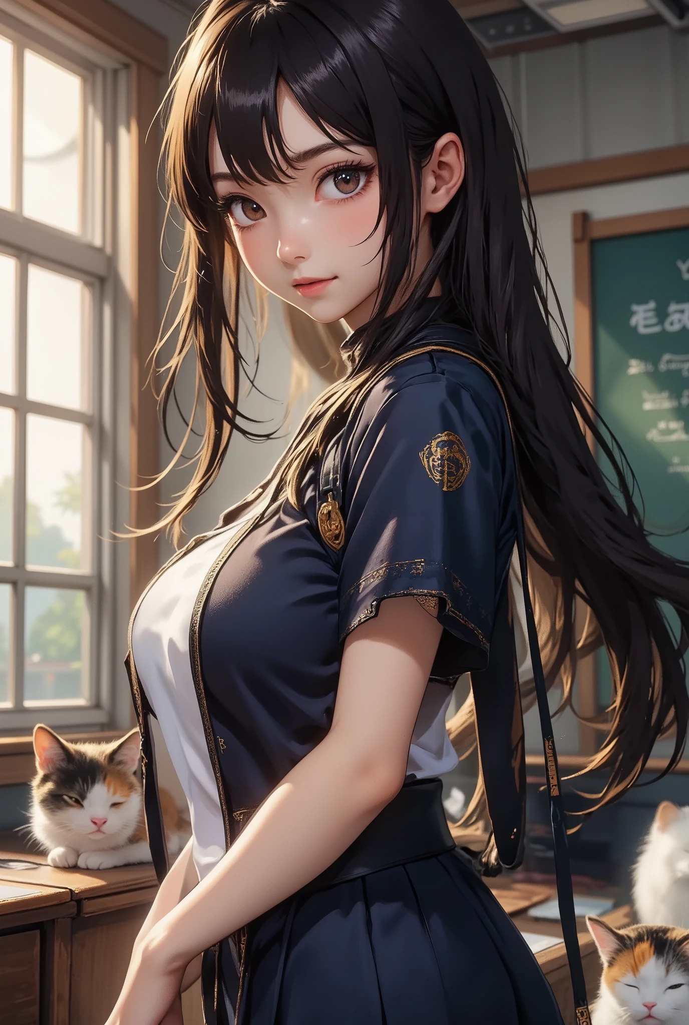 score_9, score_8_up, super realistic depiction, high resolution, masterpiece, highest image quality, high definition, 4K quality, 8K quality, beautiful girl, japanese, twenty years old, high school girl, (((brown hair))), long hair, (((smile shyly:1.8))), stare, long eyelashes, (((big brown eyes))), blush, pink lip, (((tilt one's head:1.4))), (((short sleeve sailor suit:1.4))), (((dark blue pleated skirt:1.4))), (((model posing:1.4))), (((have a student bag))), (((classroom:1.4))), (((A calico cat and a white cat are lying down))), evening