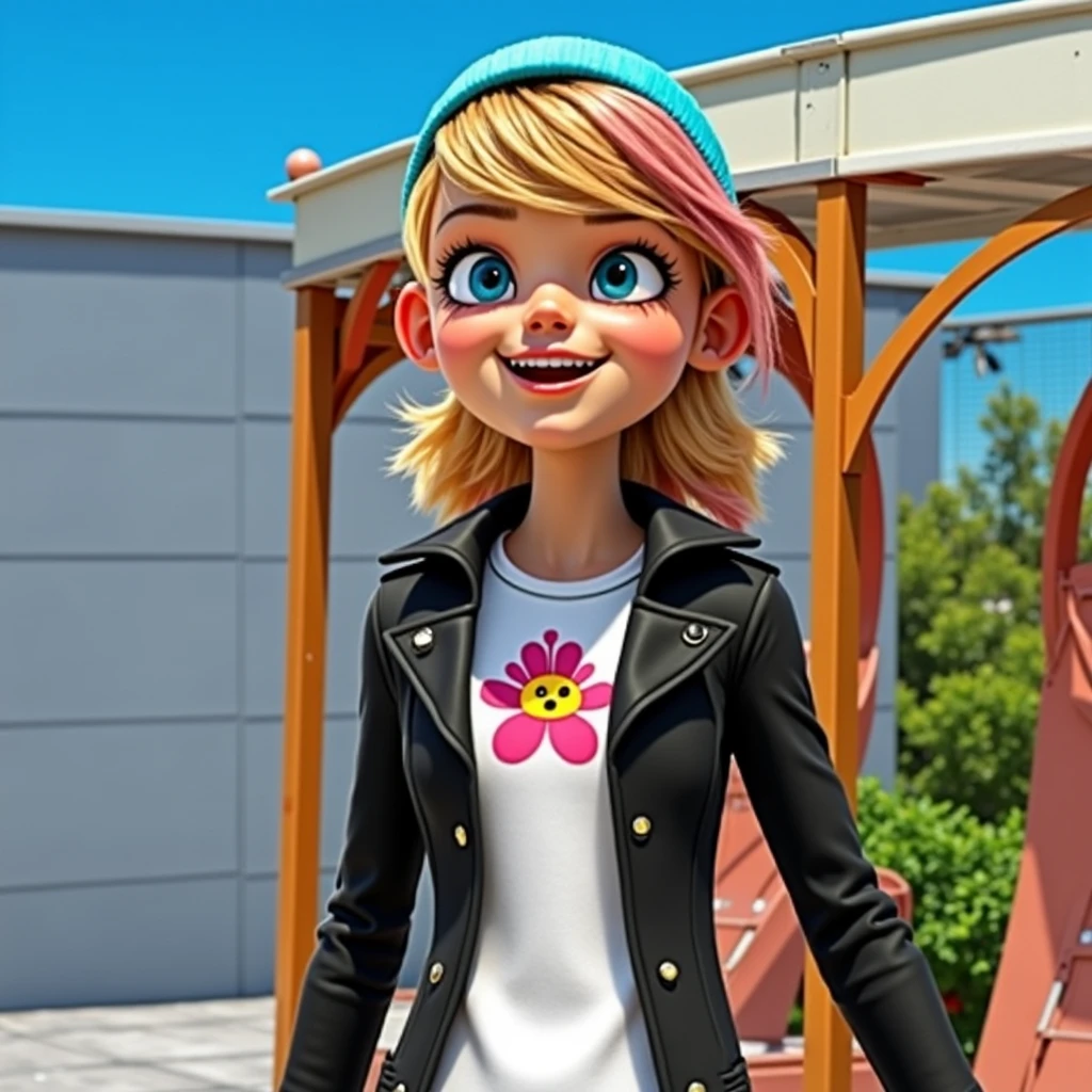 short hair , (blonde hair:1.3), (smiling:1.3), rainbow sweater, pink room, w3day_15