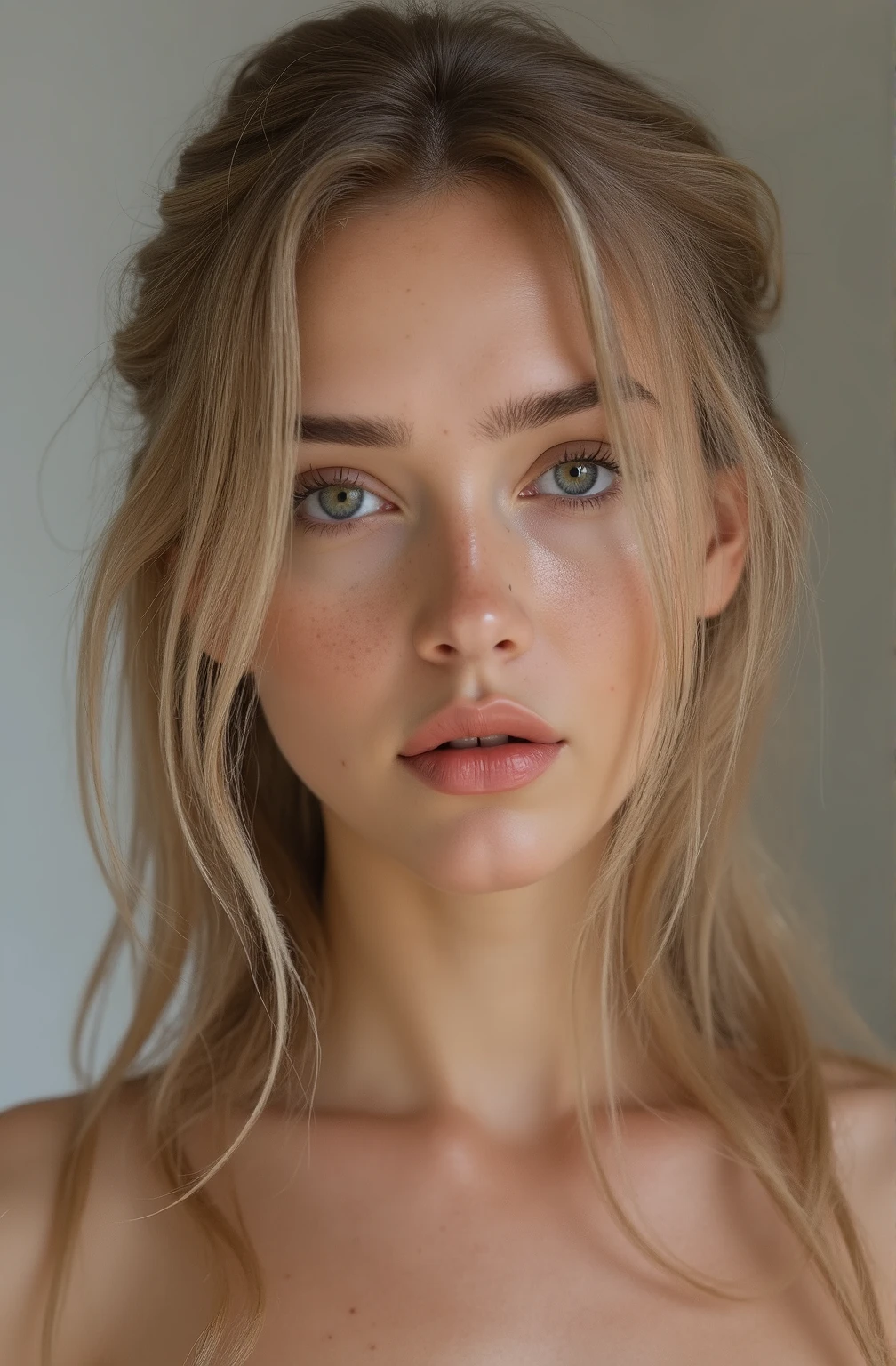 Beautiful Ukrainian woman, white skin,  big eyes color green , thin plump lips,  thick eyebrows, straight slapped nose, with freckles, shirtless with blond hair