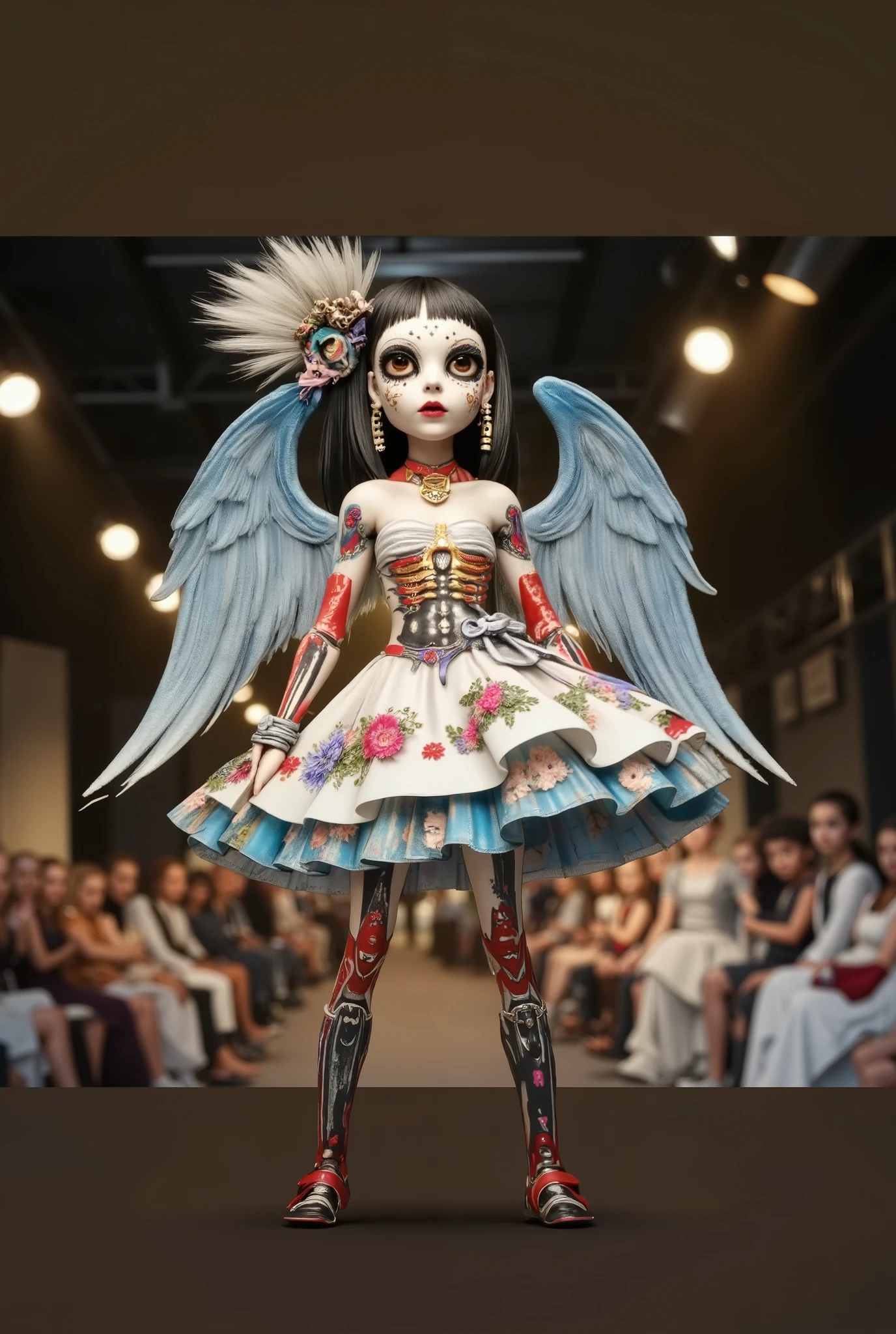 Live dancing mecha model having fun,Angel Face, devil figure,dance dynamic,Live beating mecha skeleton dancing happily in a poss,Happy Dance,blue red fashion show,Catwalk,body spray art,Stunt,beautifully realistic high-definition digital painting,Science Fiction,background:Strange and thrilling horror atmosphere on the catwalk ,,spotlight,Focus on close-up,natural light,reflection,Smooth movement ,Extreme Details,4K High Resolution,Scaled processing,professional-grade rendering, are brightly colored,