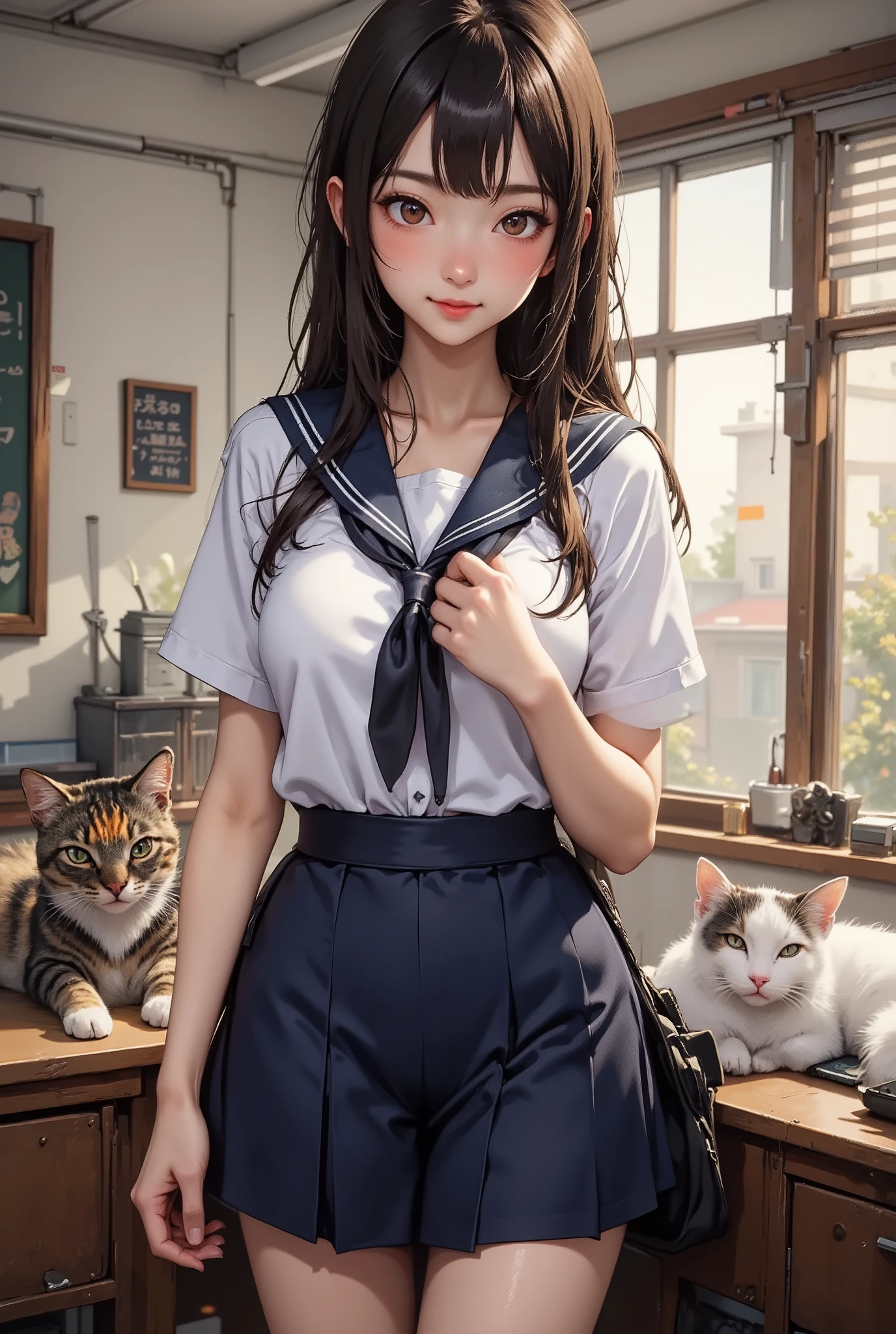 score_9, score_8_up, super realistic depiction, high resolution, masterpiece, highest image quality, high definition, 4K quality, 8K quality, beautiful girl, japanese, twenty years old, high school girl, (((brown hair))), long hair, (((smile shyly:1.8))), stare, long eyelashes, (((big brown eyes))), blush, pink lip, (((tilt one's head:1.4))), (((short sleeve sailor suit:1.4))), (((dark blue pleated skirt:1.4))), (((model posing:1.4))), (((have a student bag))), (((classroom:1.4))), (((A calico cat and a white cat are lying down))), evening