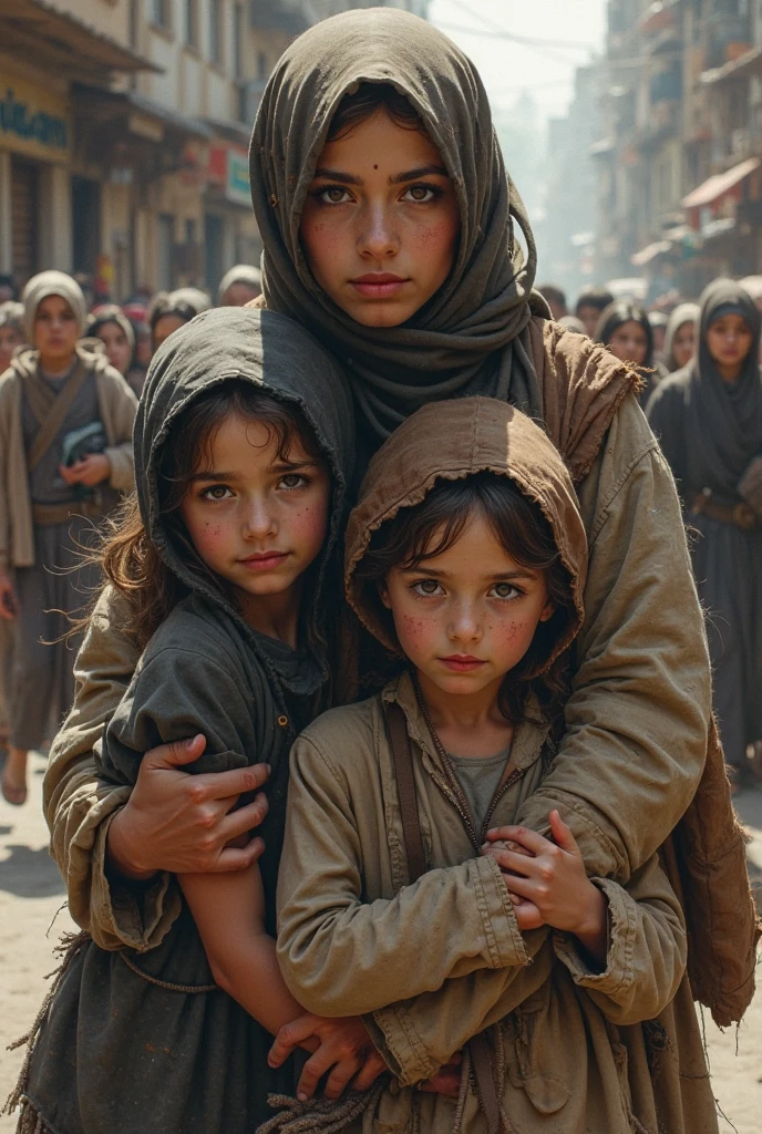 Create poor women and children looking down