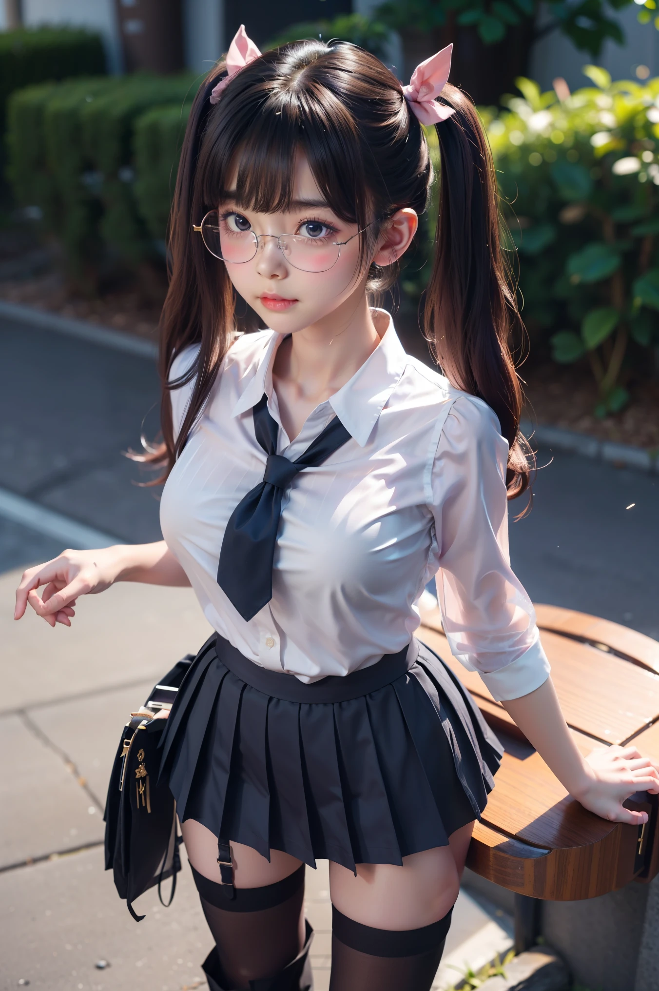 highest qualityの仕事，realistic works，Ultra Premium Graphics，8K HD CG works，high quality graphics，High-definition CG work，10x pixels，super fine details：1.1，Advanced technical details：1.1Photo-realistic((High school girl walking in the lakeside park))、((White blazer))、((translucent white blouse、red bow tie、dark blue checked skirt)). 40k, photo shoot, table top, highest quality, dark gray background, ((1 Gorgeous light-haired girl with beautiful eyes, she wears glasses on her beautiful face, )). white skin, Various poses.((medium sized breasts,:1.1)), highest quality, table top, ultra high resolution, (realistic:1.4), Raw photo, (perfect body shape), (slim:1.3), slimなお腹, Perfect slim figure, dynamic pose, (((large :0.9))), alone, Cold light 12000K, very detailed facial and skin texture, fine eyes, realistic eyes, detailed and beautiful eyes, (realistic skin), Charm, 超A high resolution, surreal, very detailed、((No panties:1.5))、((hand on crotch:1.5))、