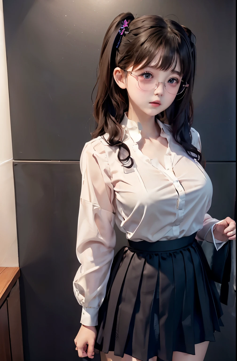 A woman wearing delicate round glasses，Gold frame round glasses, Wavy Hair、casual long hair、Beautiful long black hair、Portrait facing the front、Golden Ratio,、Sparkling, shining eyes，Attractive adult pretty woman、elegant、Office Casual、Neat clothes、Serious atmosphere、Dress shirt、Women&#39;s Suits、Library、A bright room with soft light、Professional photography、Ultra-high resolution, (Realistic:1.4), (High resolution detail of human skin texture),One of the Japan, alone,Curly hair、RAW Photos、(masterpiece:1.3)、(Ultra-realistic、Highest quality,Very detailed,Complex)、