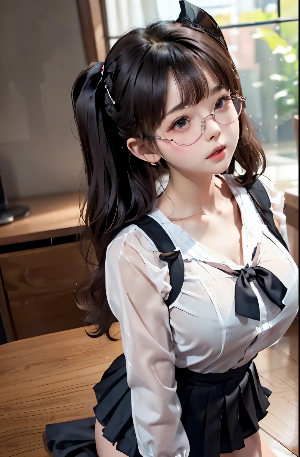 NSFW, Best Quality: 1.4, High Resolution, Perfect Lighting, 1 girl, 20 years old, big black rimmed glasses, twintails, pink inner color at the tips of her hair, big dangling breasts, frilly clothes, tight black skirt, big You can see the shape of her butt, she is carrying a small bag and holding a smartphone.