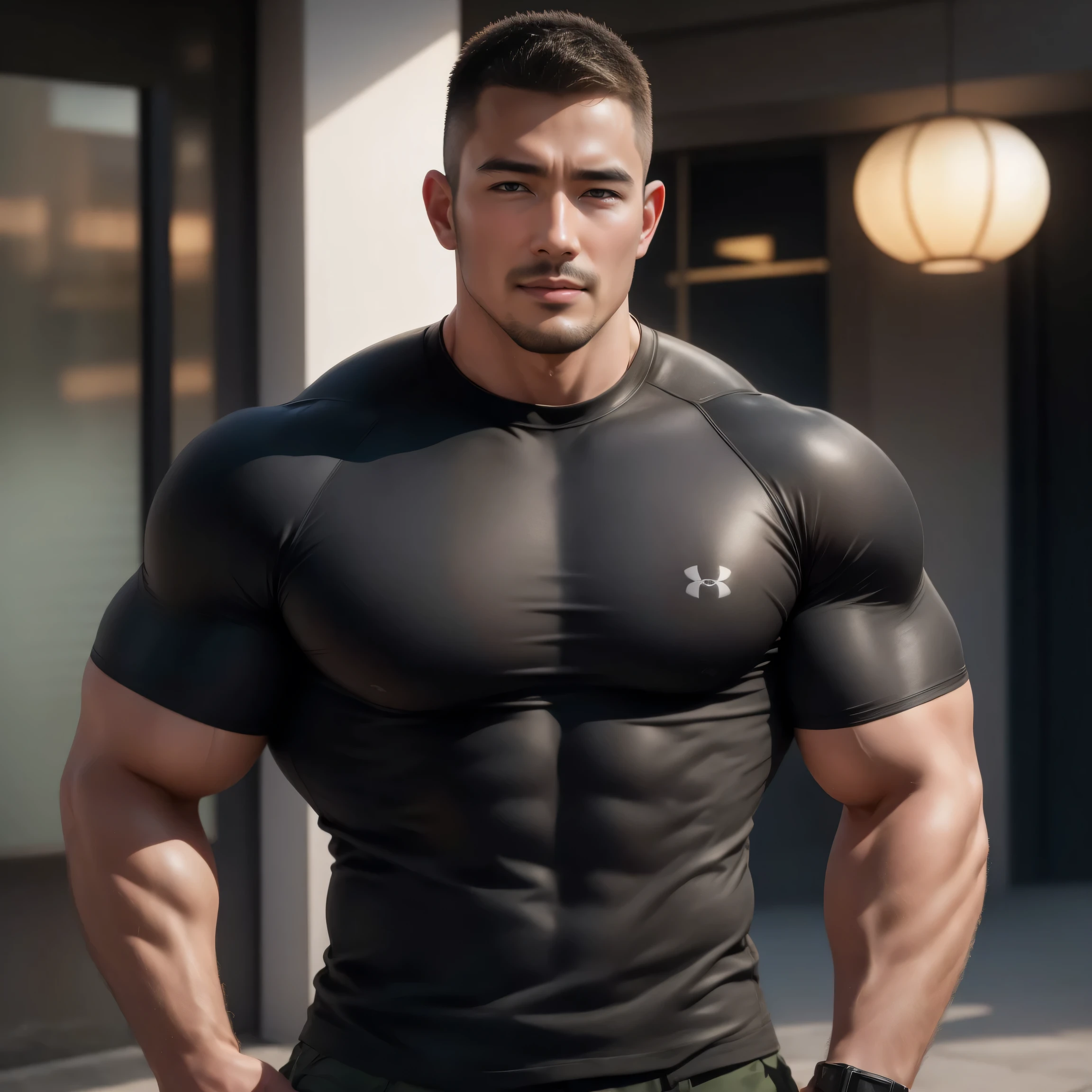 两个Muscular男人深情拥抱着,  buzz cut，Flat head，At the entrance of an upscale coffee shop，he wears a black gray neoprene long sleeve tight t-shirt，Under Armour Logo，He has a great smile， Lift your chin, buzz cut,   thick thighs  , Very tight, Regular symmetrical pattern, High Aimslight muscles, High-end western pants ,  character concept （buzz cut Chris Redfield） proud expression,  Deep charming eyes, heroic male posture, tall Burly, Muscular！Muscular thighs, Tough Guy, Perfect facial features, High Aims, Burly, Heqiang, Super exquisite and cool, High Aims Resolution Committee, Extraordinary Charm , The sun is strong,  is dazzling
