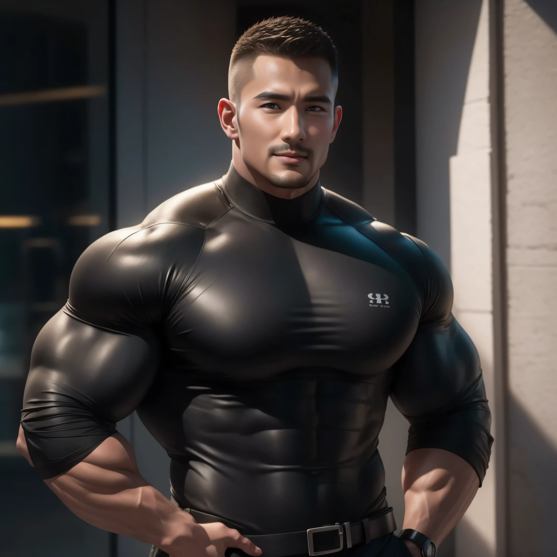 There is only one very muscular male security guard, buzz cut,Flat head,At the entrance of an upscale coffee shop,he wears a black gray neoprene long sleeve tight t-shirt,UnderArmour Logo,He has a great smile, Lift your chin, buzz cut, thick thighs , Very tight, Regular symmetrical pattern, High Aimslight muscles, High-end western pants , character concept (buzz cut Chris Redfield) proud expression, Deep charming eyes, heroic male posture, tall Burly, muscular!muscular thighs, Tough Guy, Perfect facial features, High Aims, Burly, Heqiang, Super exquisite and cool, High Aims Resolution Committee, Extraordinary Charm , The sun is strong, is dazzling